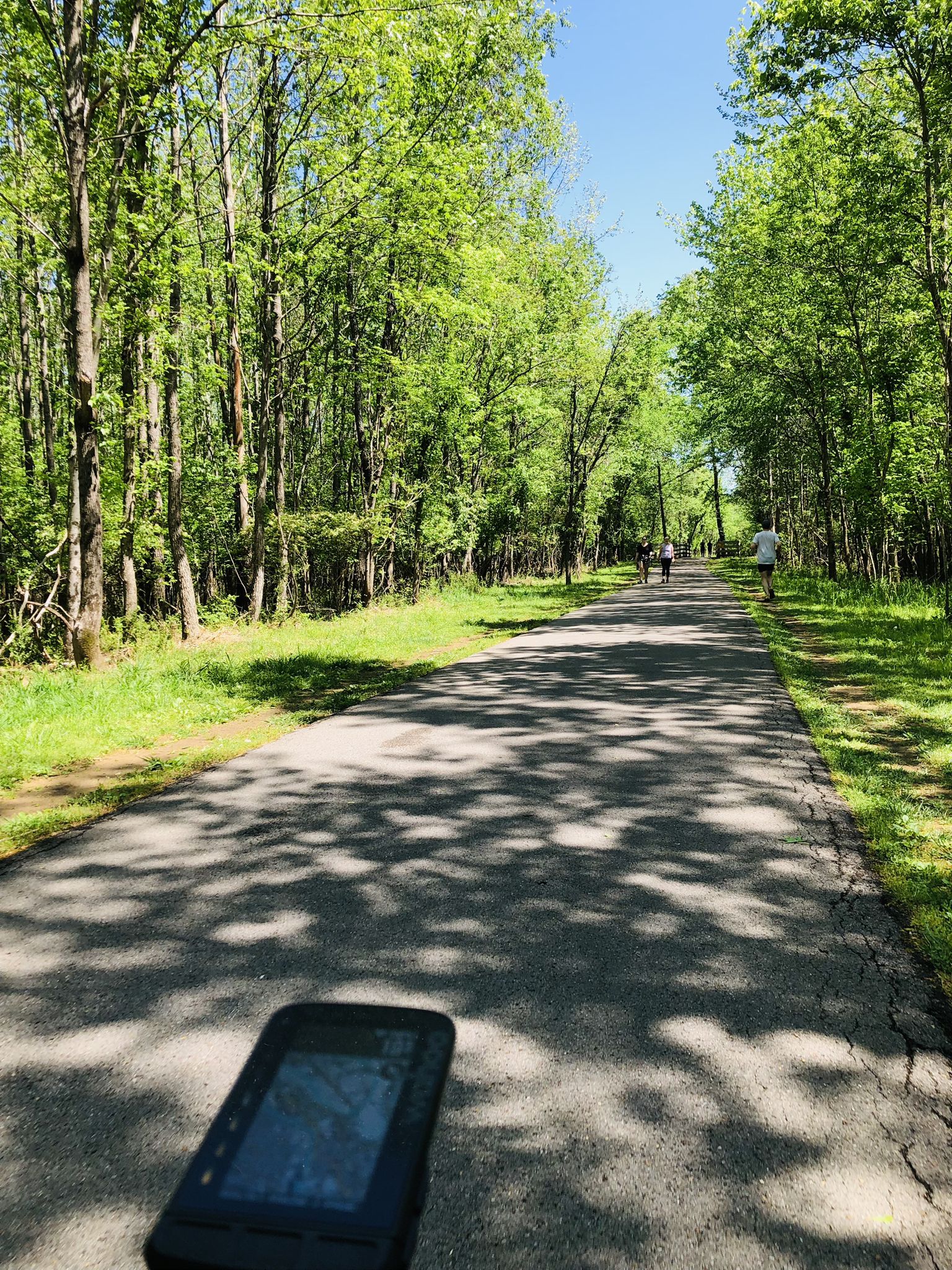 Paved path through sunny green forest with dappled light, people walking. - Airpark – Shelby Bottoms Greenway loop from EASTLAND AVE & SETLIFF PL EB