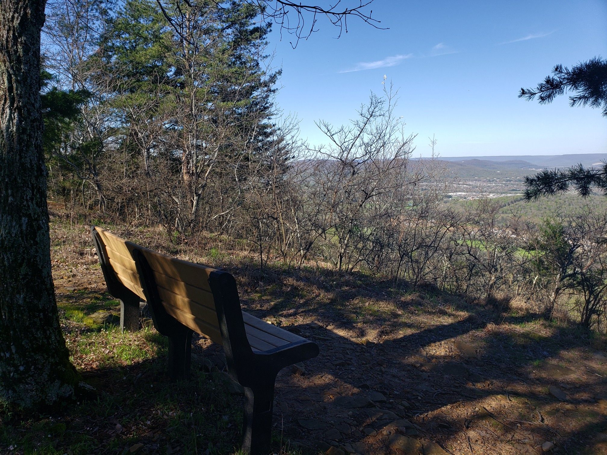 Two empty park benches overlooking a sunny wooded valley on a clear day. - Bill and Marion Certain Trail