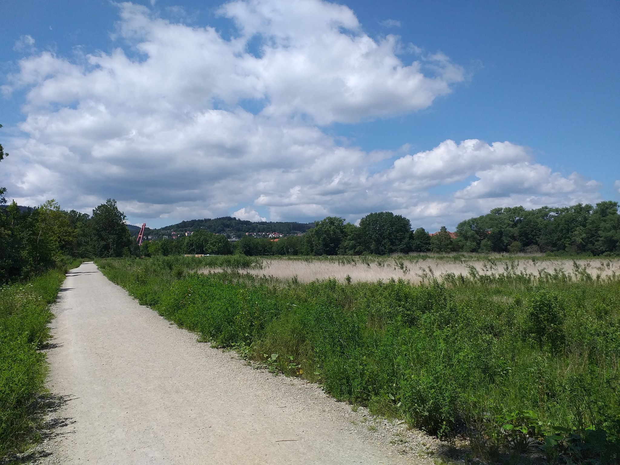 Blick über Brandenburger Teich (trocken) und Mandela-Brücke in Richtung Sturmheide