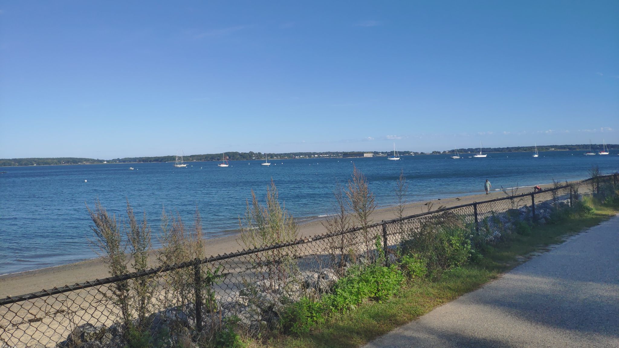 Sunny beach with calm water, distant boats, and a fence in the foreground. - Eastern Promenade Trail Loop