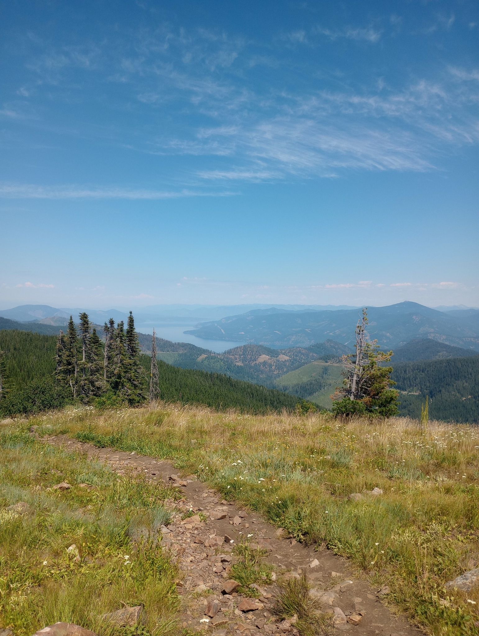 Dirt trail on a grassy mountain slope overlooking a distant body of water. - South Chilco Mountain Trail