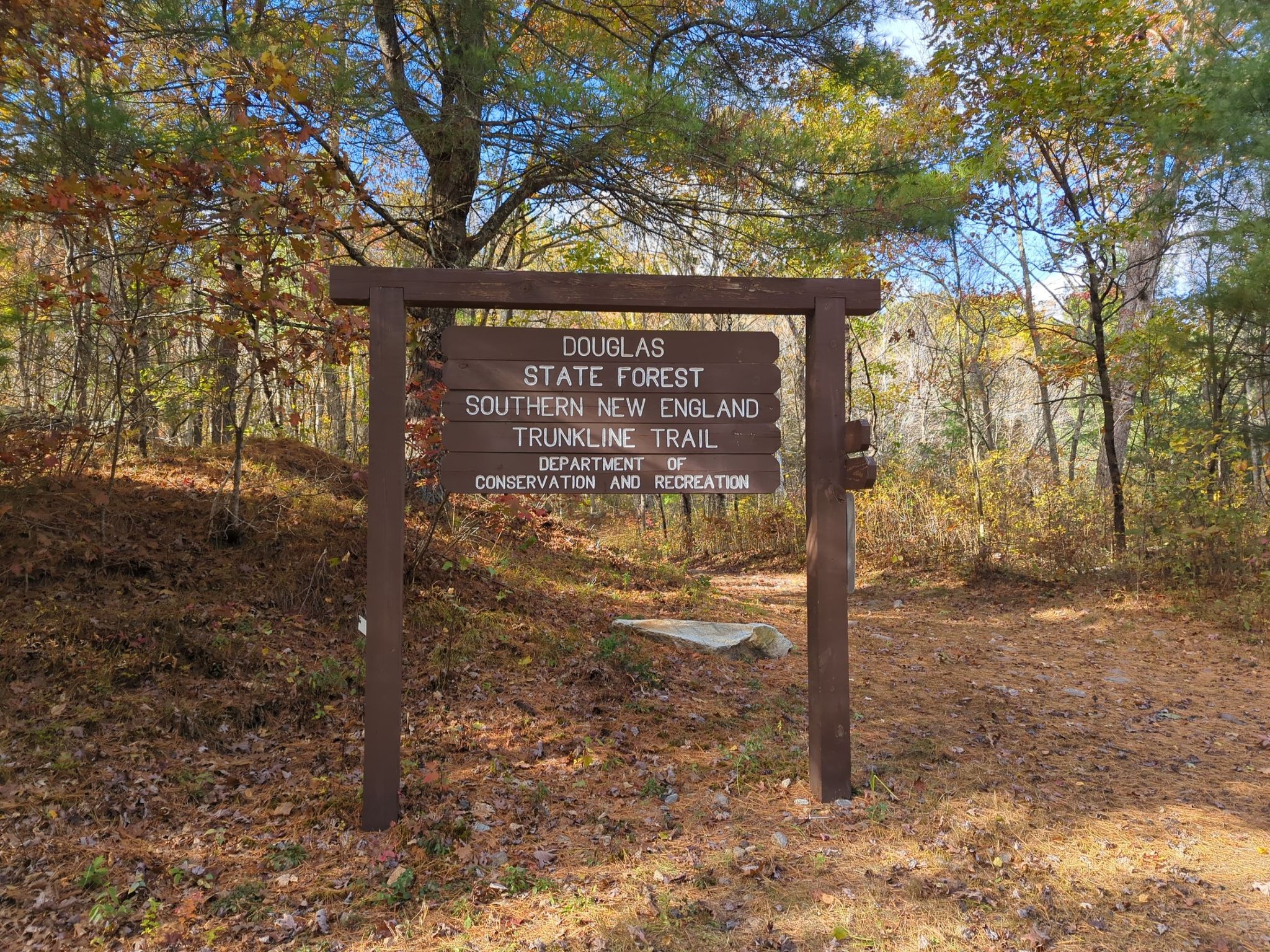 A large wooden sign stands on a leaf-covered forest path. - Southern New England Trunkline Trail