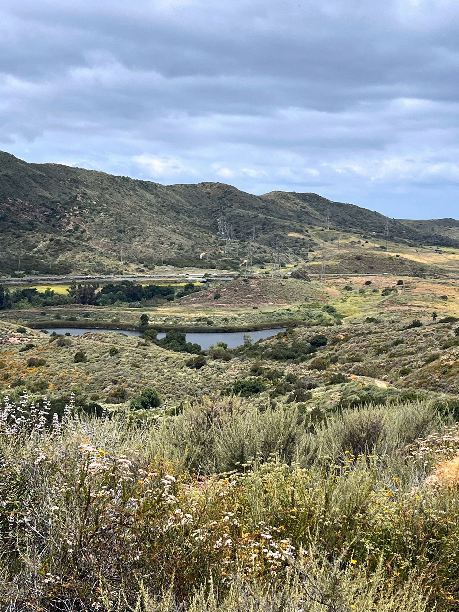 Overcast view of a valley with a lake, rolling hills, and dry brush. - Barbara’s Lake loop
