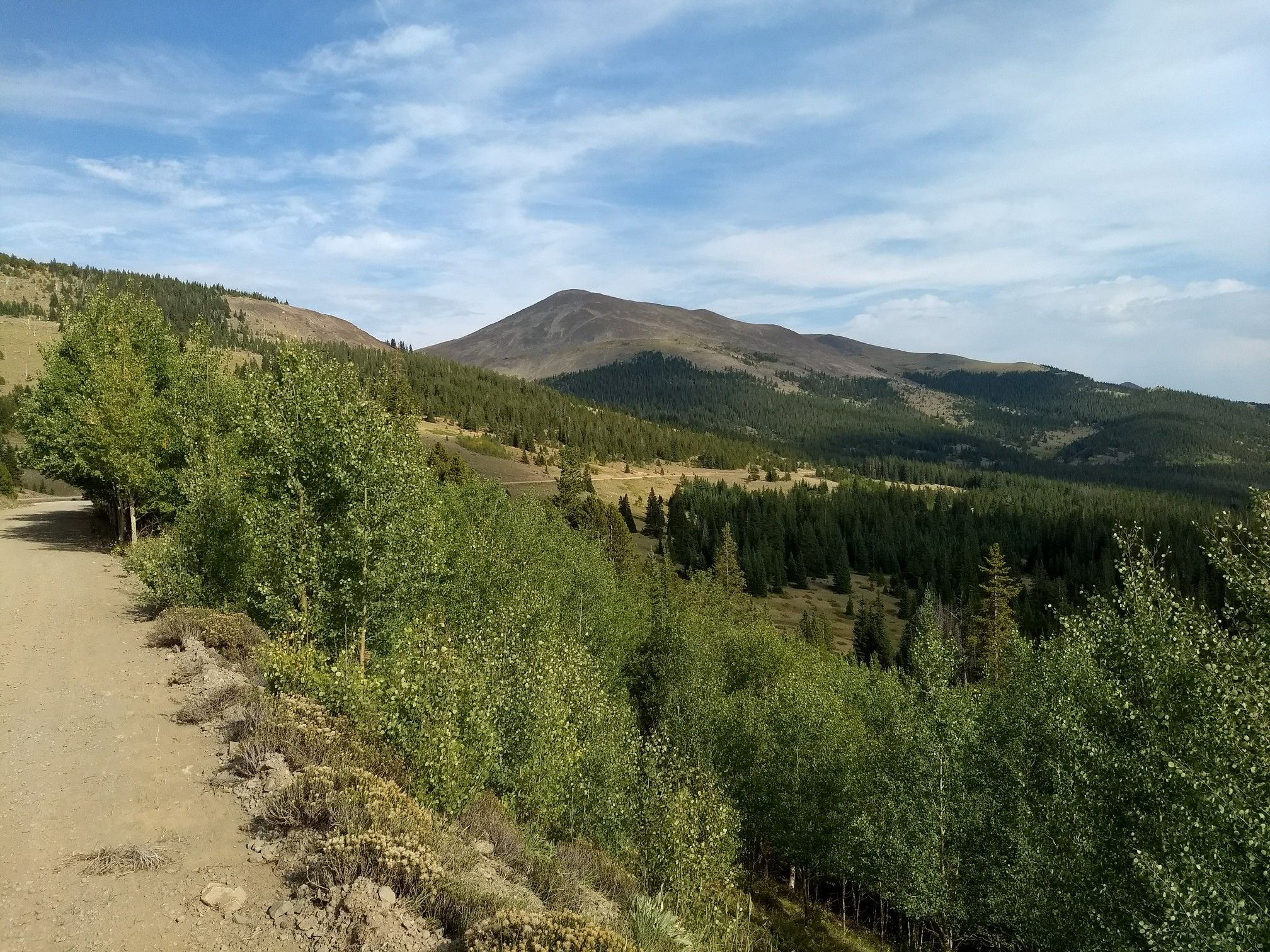 Dirt road overlooks a green forested valley with a distant mountain peak. - Gold Dust and Boreas Pass Loop
