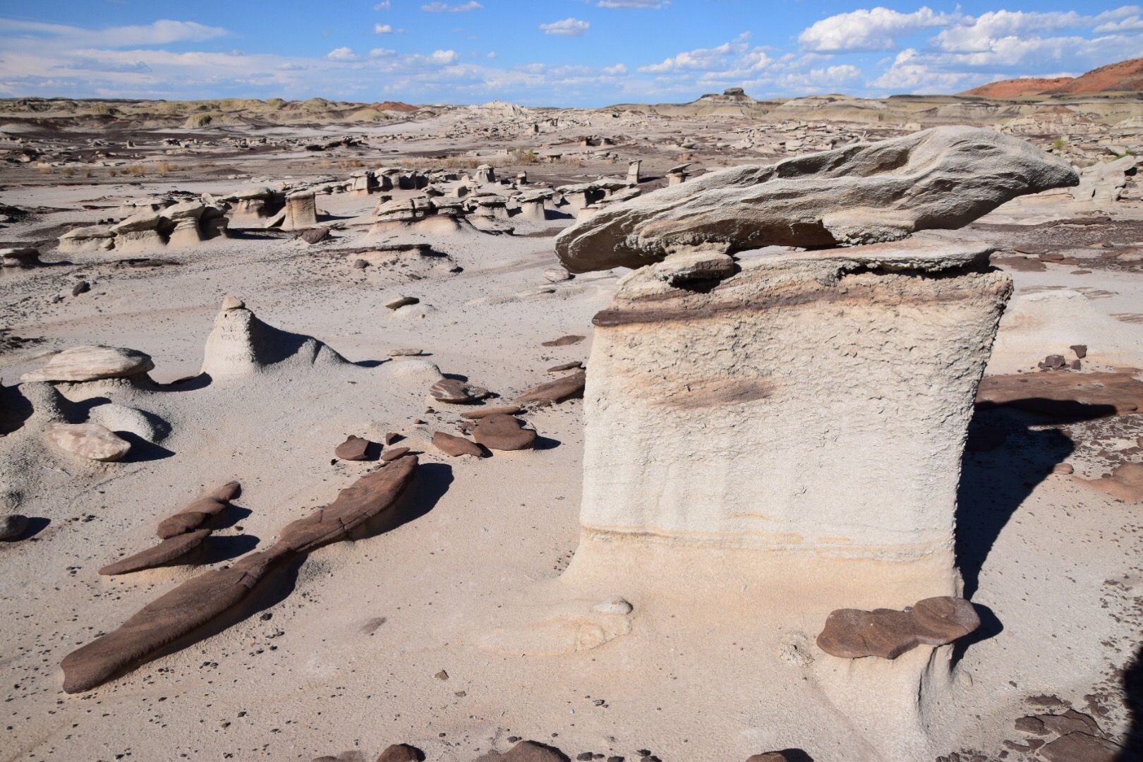 Close-up of a large, flat-topped rock formation in a desert landscape. - Bisti Trail
