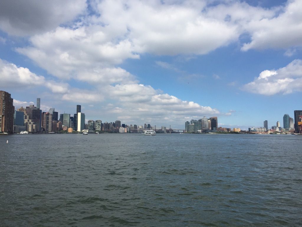 Wide river with a distant city skyline under a partly cloudy blue sky. - East River Greenway Loop