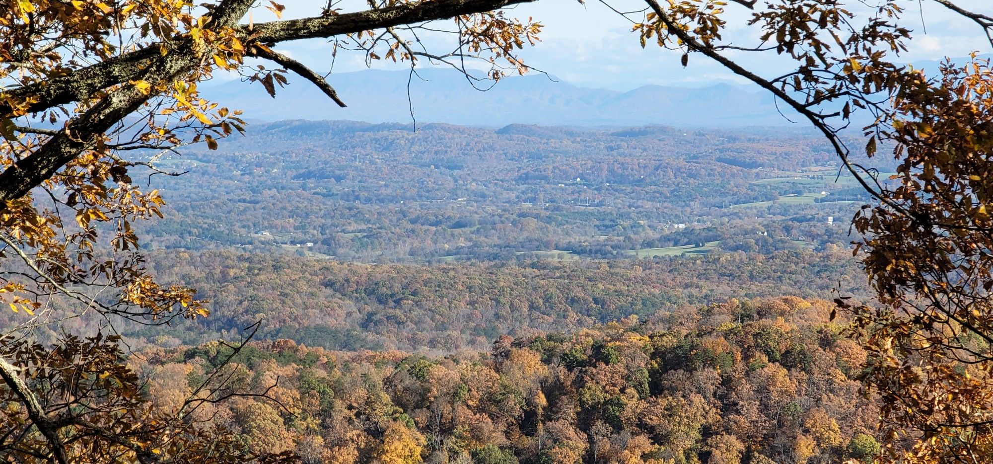 Panoramic view of a vast autumn forest valley under a hazy sky. - House Mountain Loop