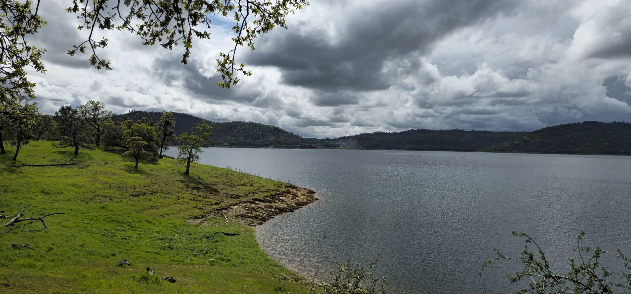 Overcast view of a wide lake with green hills and trees along the shore. - Heron Point Loop