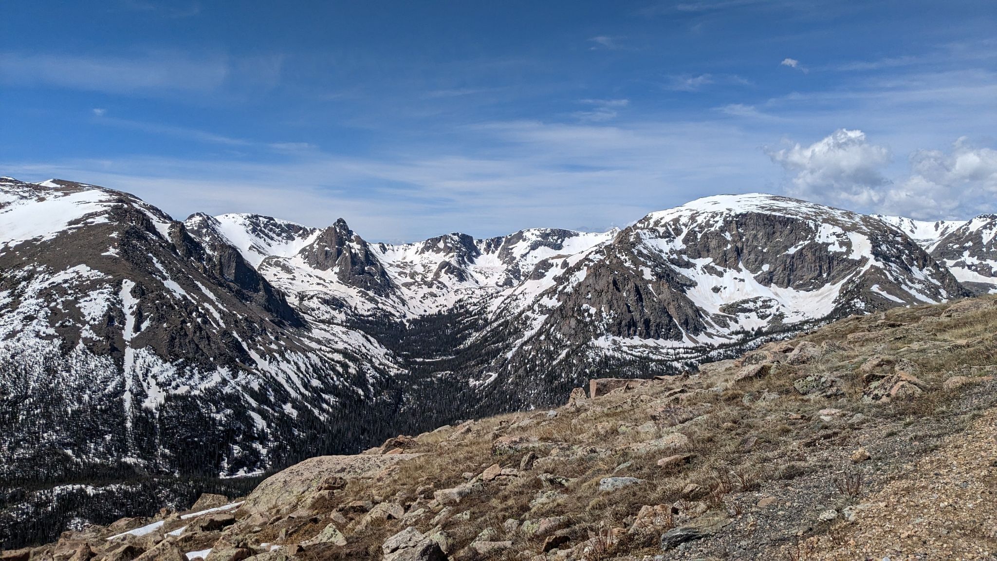 Snow-capped mountains and rocky terrain under a partly cloudy sky. - Fall River Visitor Center – Many Parks Curve Viewpoint loop from Estes Park