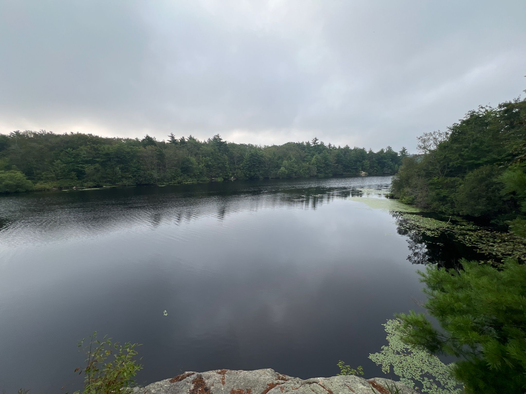 Wide river with forested banks under an overcast sky, calm water. - Wompatuck Loop (Long) – Wompatuck State Park