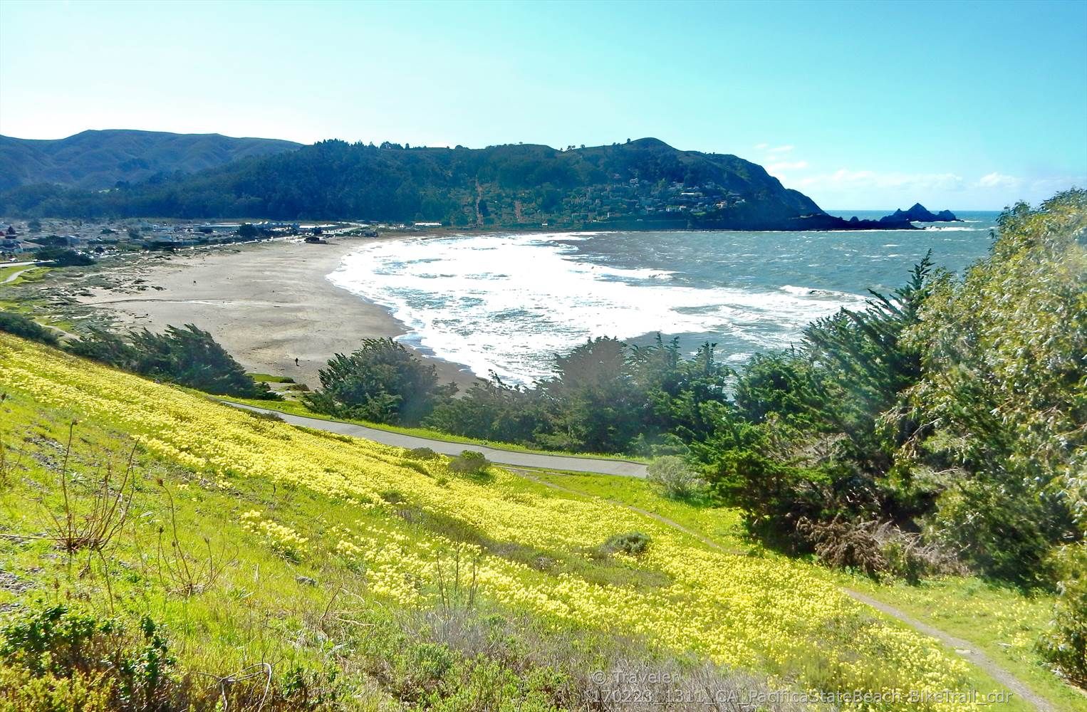 Sunny coastal view with yellow wildflowers, sandy beach, and ocean waves. - Sharp Park Beach – Rockaway Beach loop from Milagra Ridge