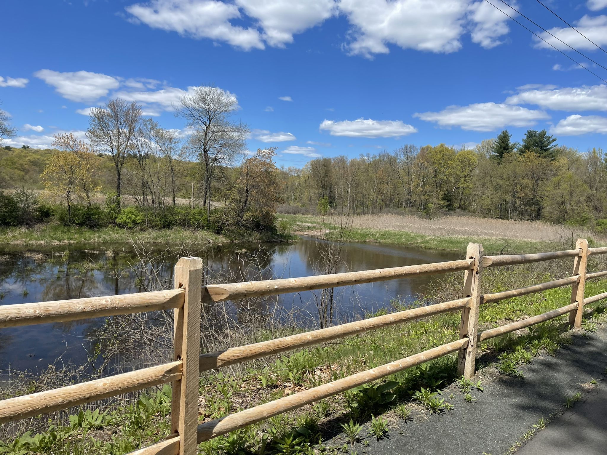 Sunny view of a calm water body bordered by a wooden fence. - East Coast Greenway loop from Weatogue