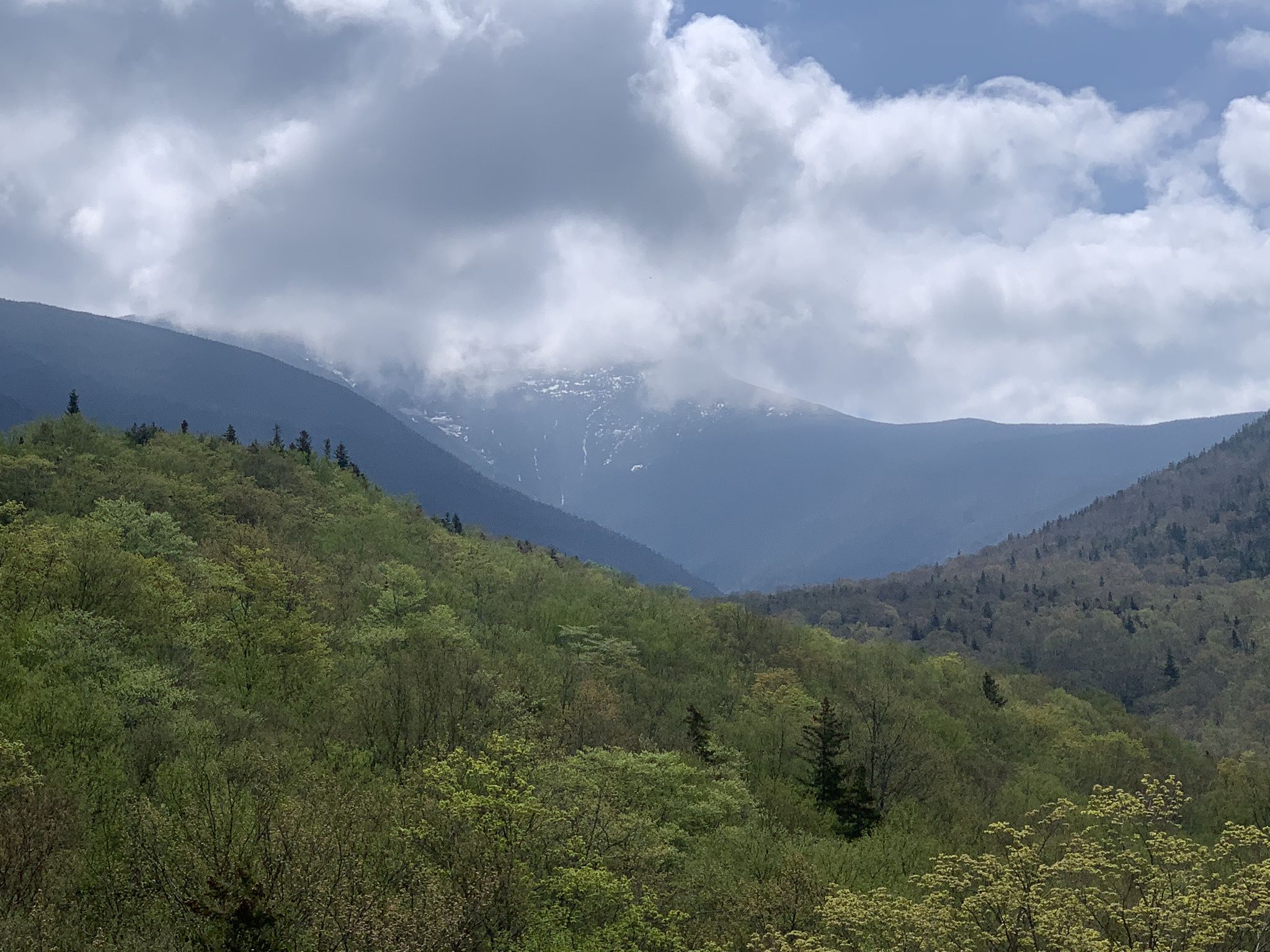 Lush green forested hills with distant mountains under a cloudy sky. - Franconia Notch Bike Path loop from Echo Lake