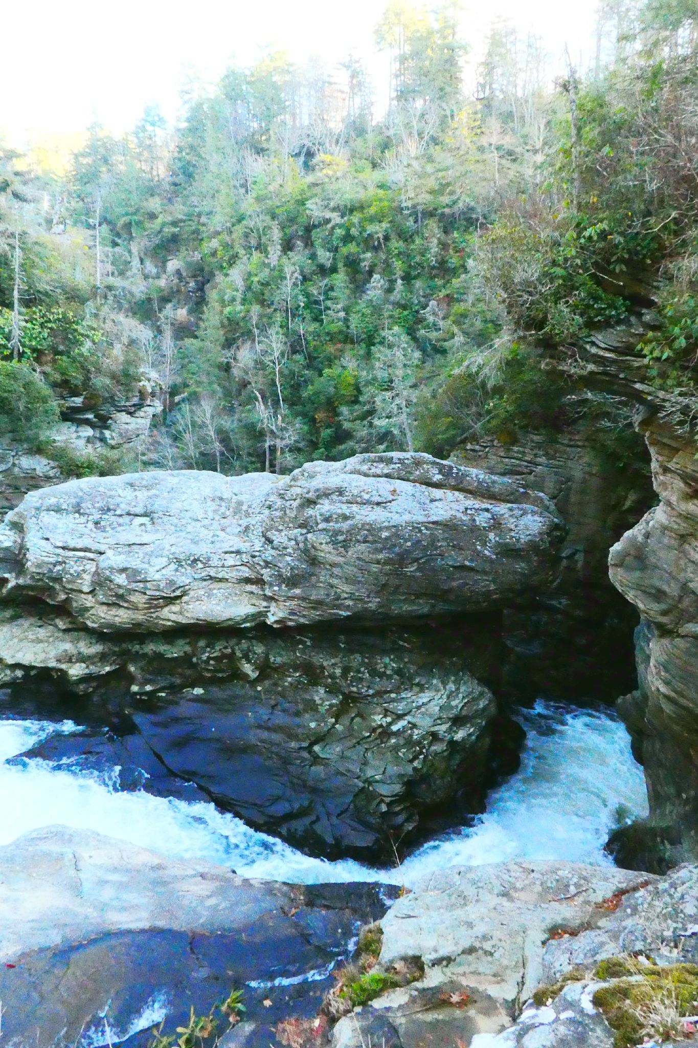 Rushing river water flowing between large, dark rocks in a gorge. - Dogback Mountain loop from Linville Falls