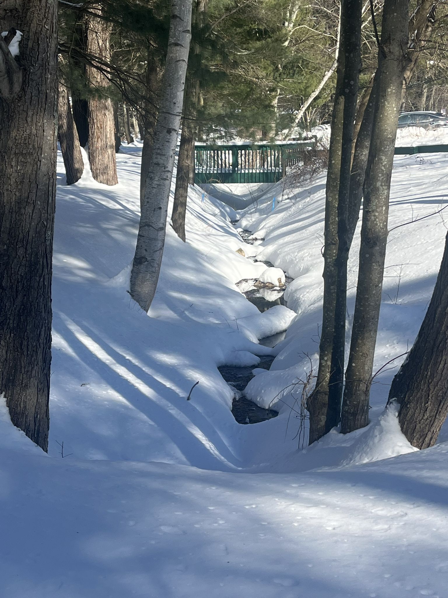 Sunny winter scene with a snow-covered stream flowing under a green bridge. - Ridge and Saugus River Trail Loop