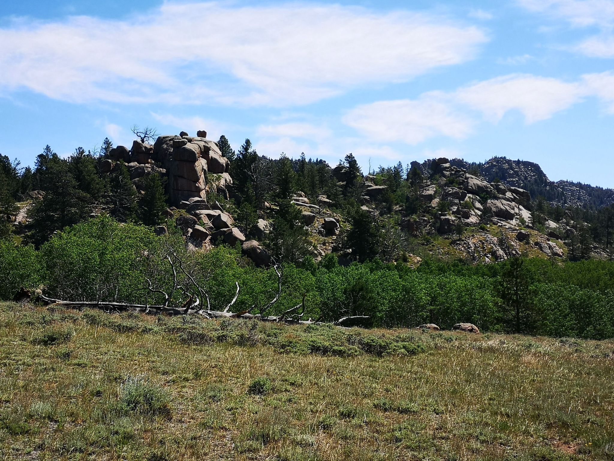 Rocky hills covered with green trees and brush under a partly cloudy sky. - Running loop from Blair Picnic Site