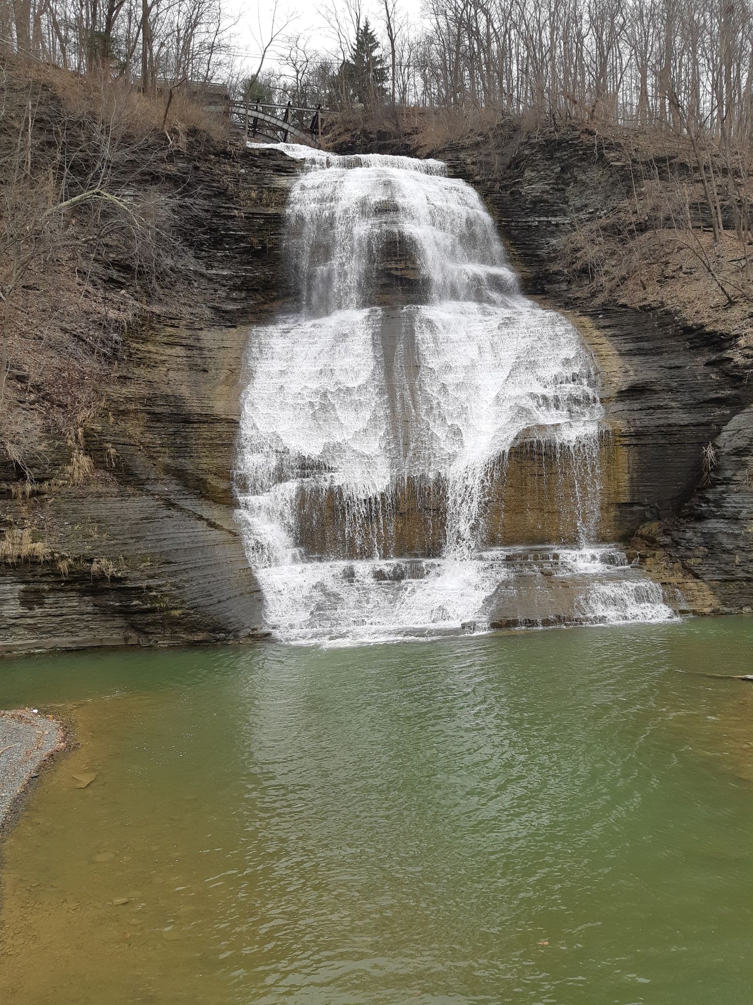 Powerful waterfall plunges into a green pool, surrounded by bare trees and rocks. - Shequaga Falls Park – Mural of Catharine Montour loop from Shequaga Falls