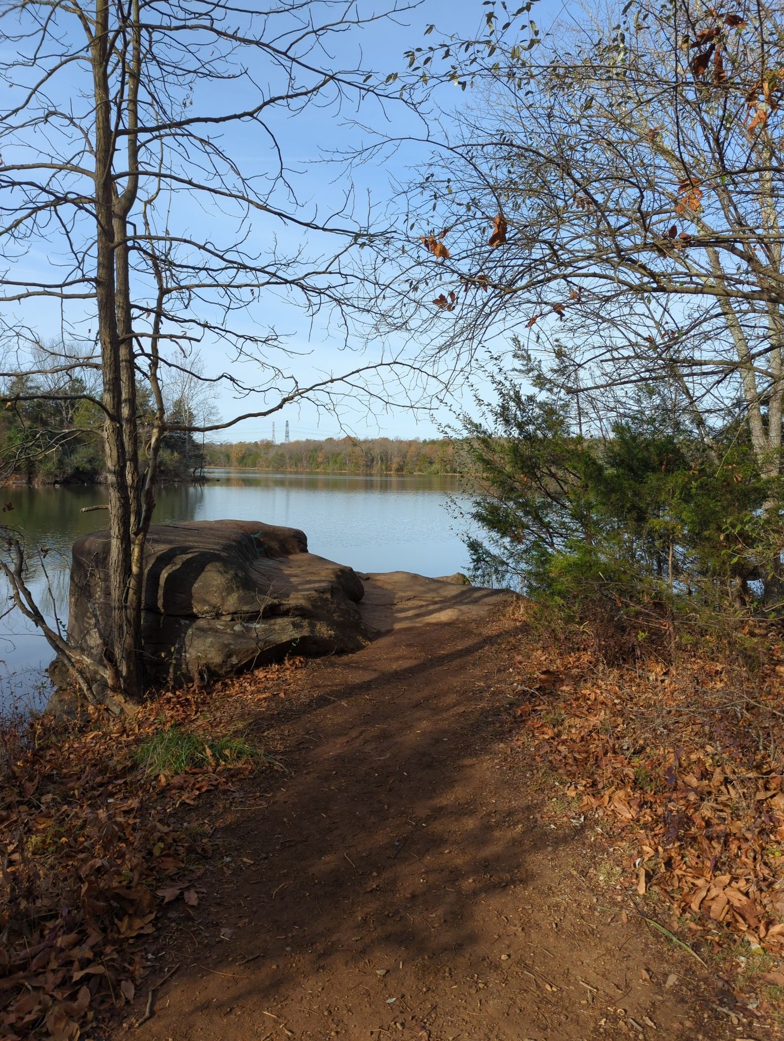 Dirt path leading to a calm lake with trees under a clear sky. - Beaverdam Reservoir Trail