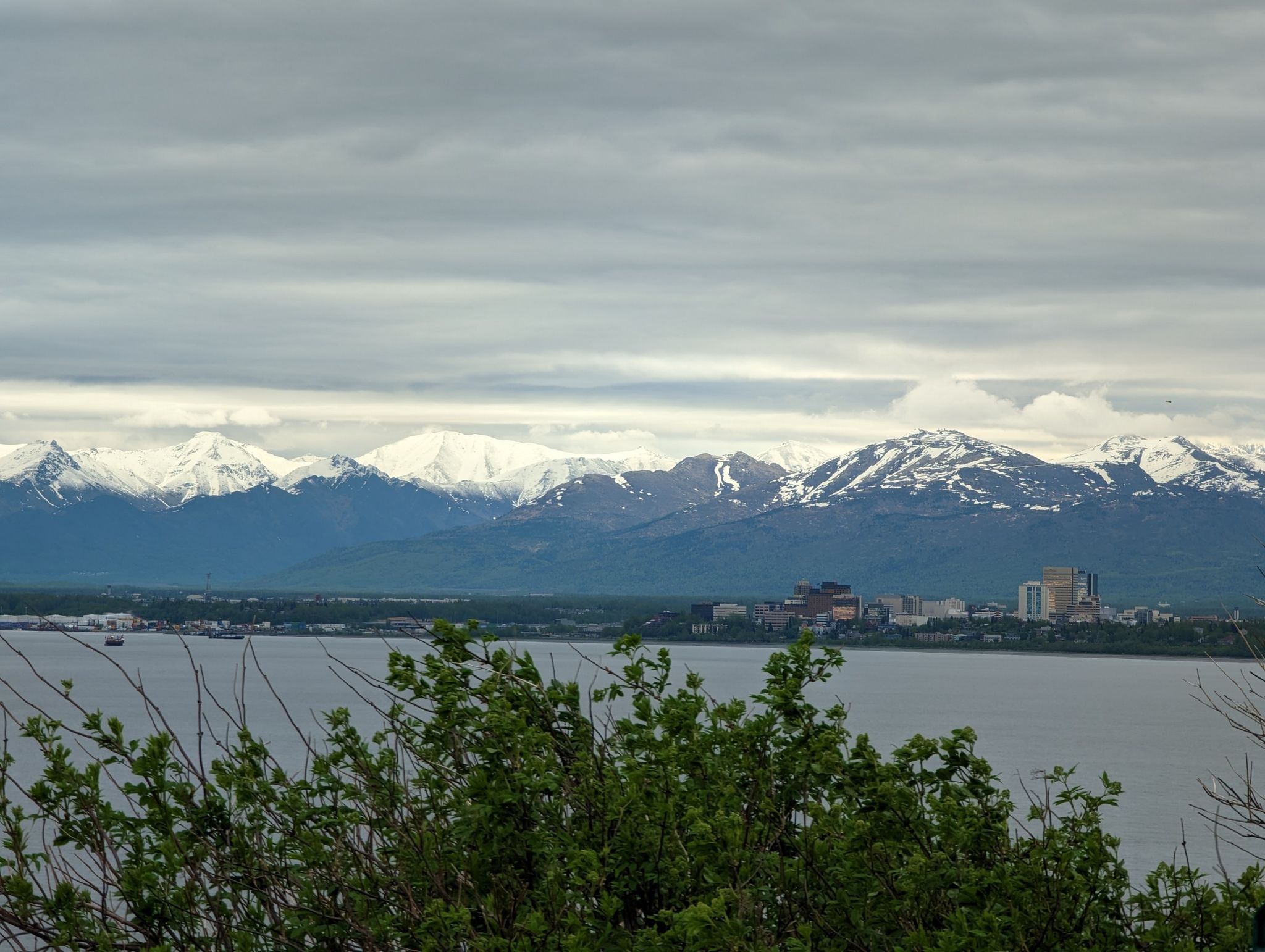 City skyline and water, framed by green bushes and snow-capped mountains. - Tony Knowles Coastal Trail and Lake Hood Loop