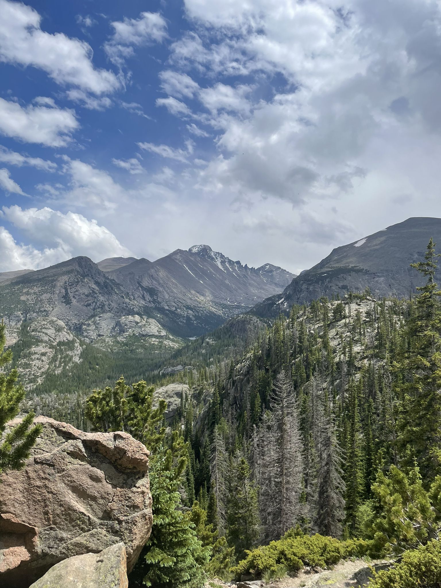 Majestic mountain range and vast pine forest under a partly cloudy sky. - Bear Lake loop from Estes Park