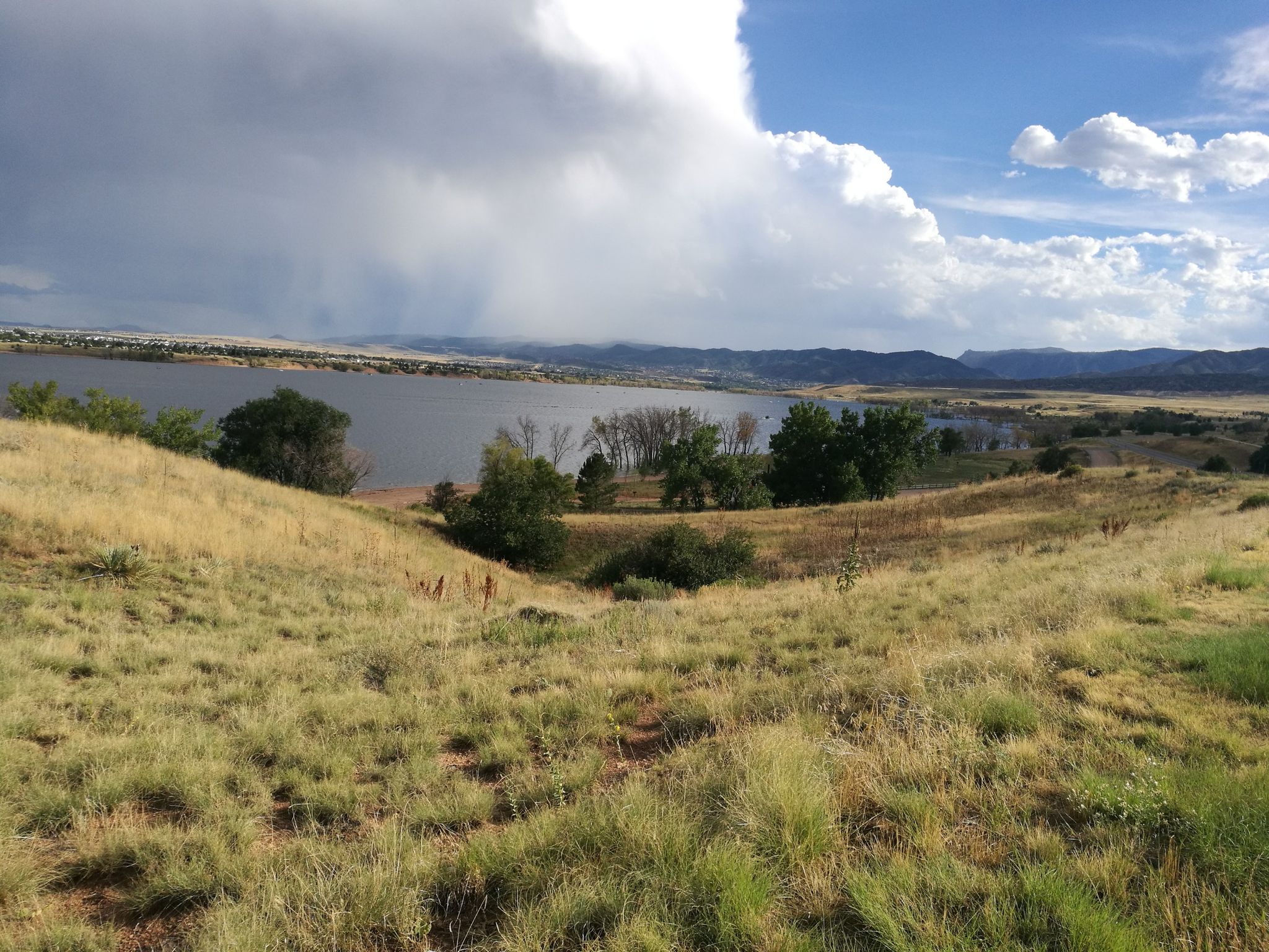 Grassy hills overlooking a large lake under a dramatic, cloudy sky. - C-470 Trail