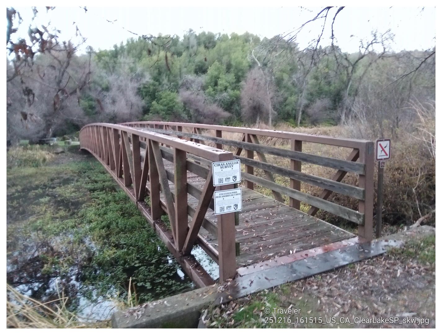 Brown wooden bridge with railings crosses murky water, surrounded by bare trees, overcast. - Clear Lake State Park – Bridge over Kelsey Slough loop from Clear Lake State Park