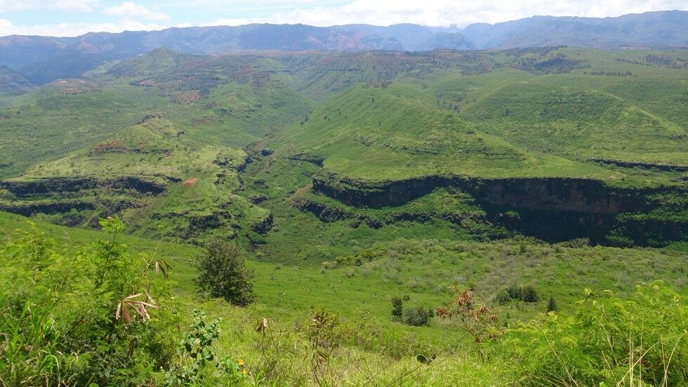Expansive green valley with lush hills and distant mountains under bright sun. - Waimea to Waimea Canyon Lookout