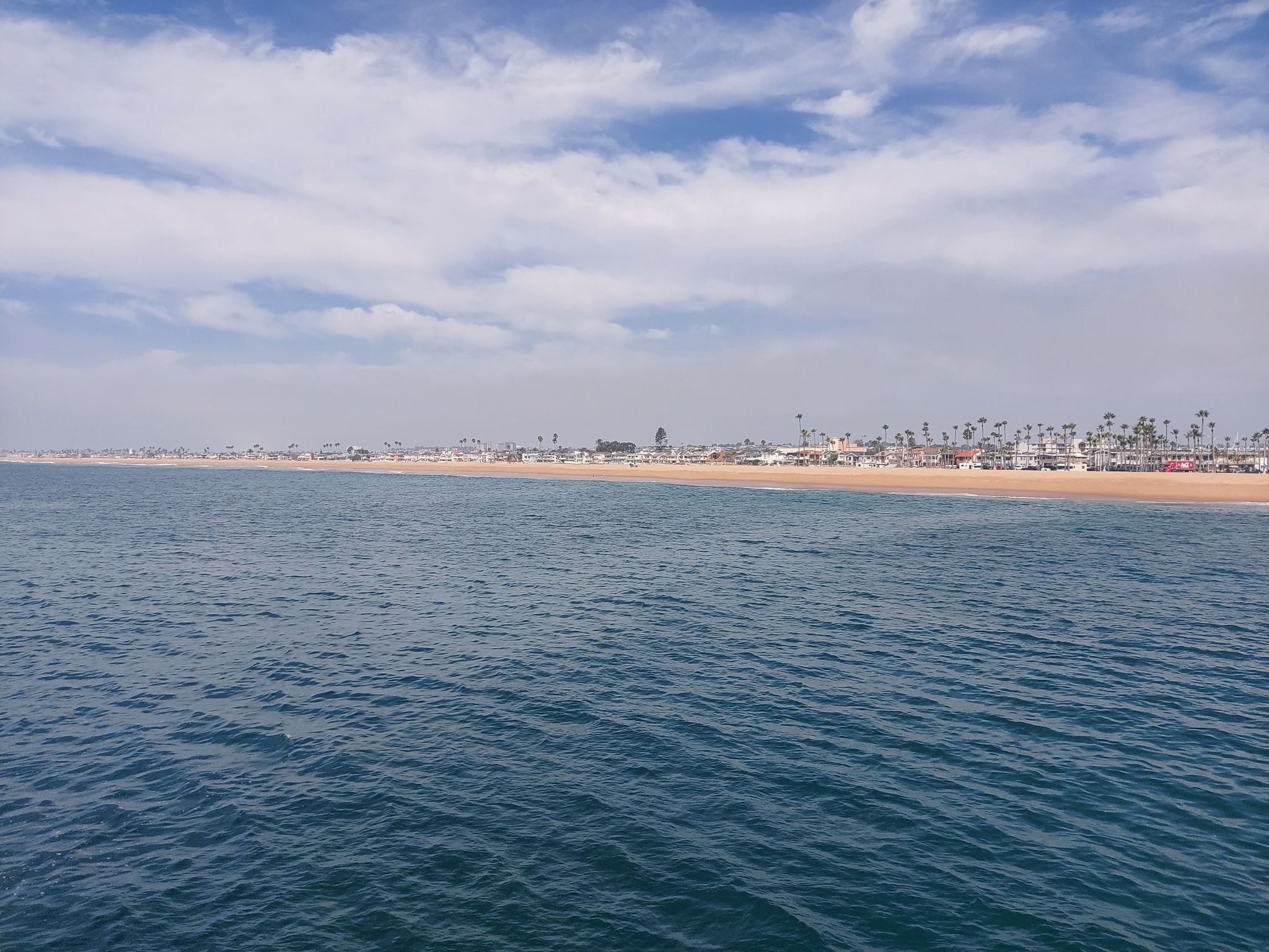 Expansive ocean with a distant sandy beach, buildings, and palm trees. - Balboa Pier & Peninsula
