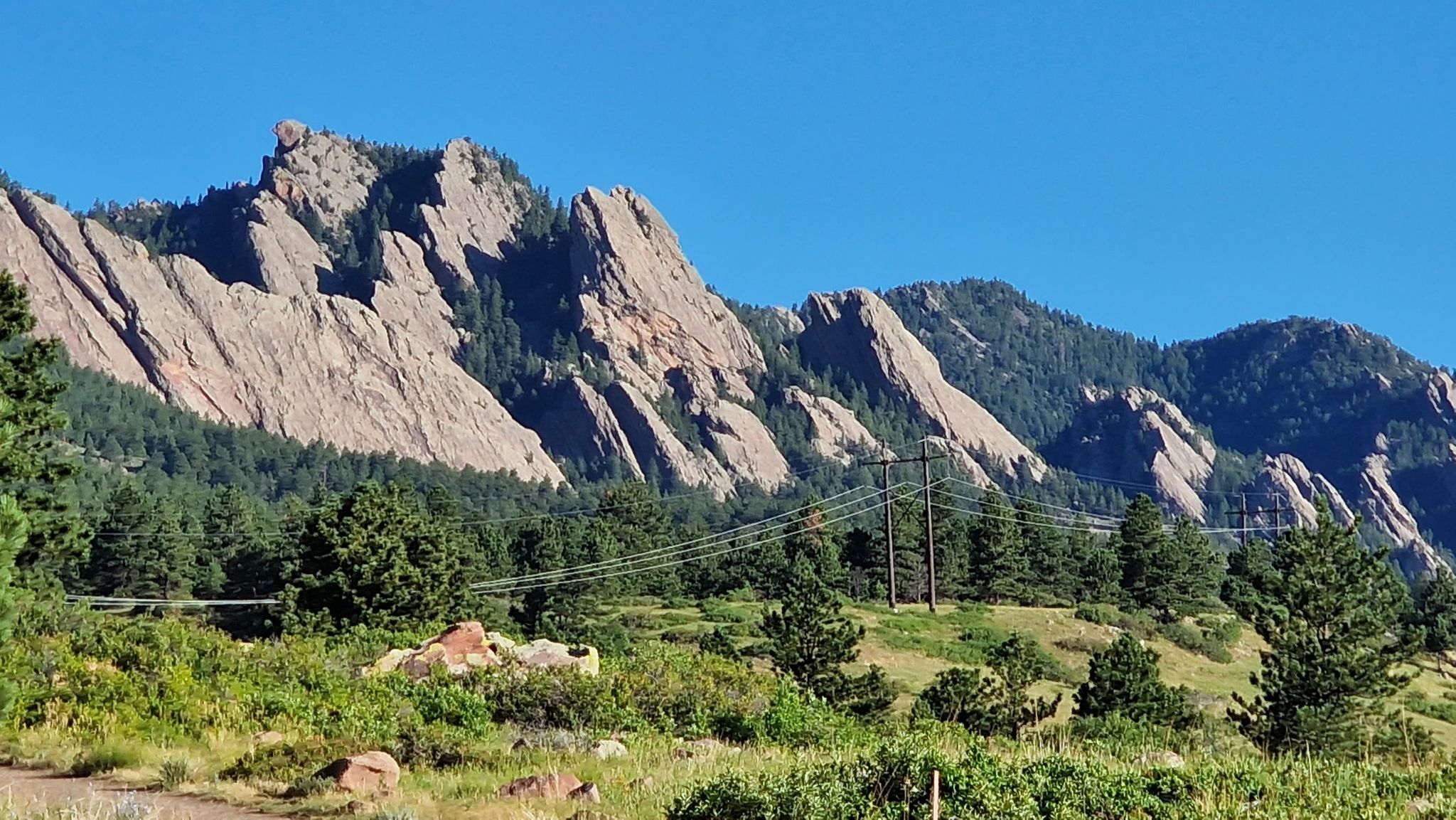 Jagged rock formations and green pine forests under a clear blue sky. - South Boulder Creek West and Lower Big Bluestem Loop