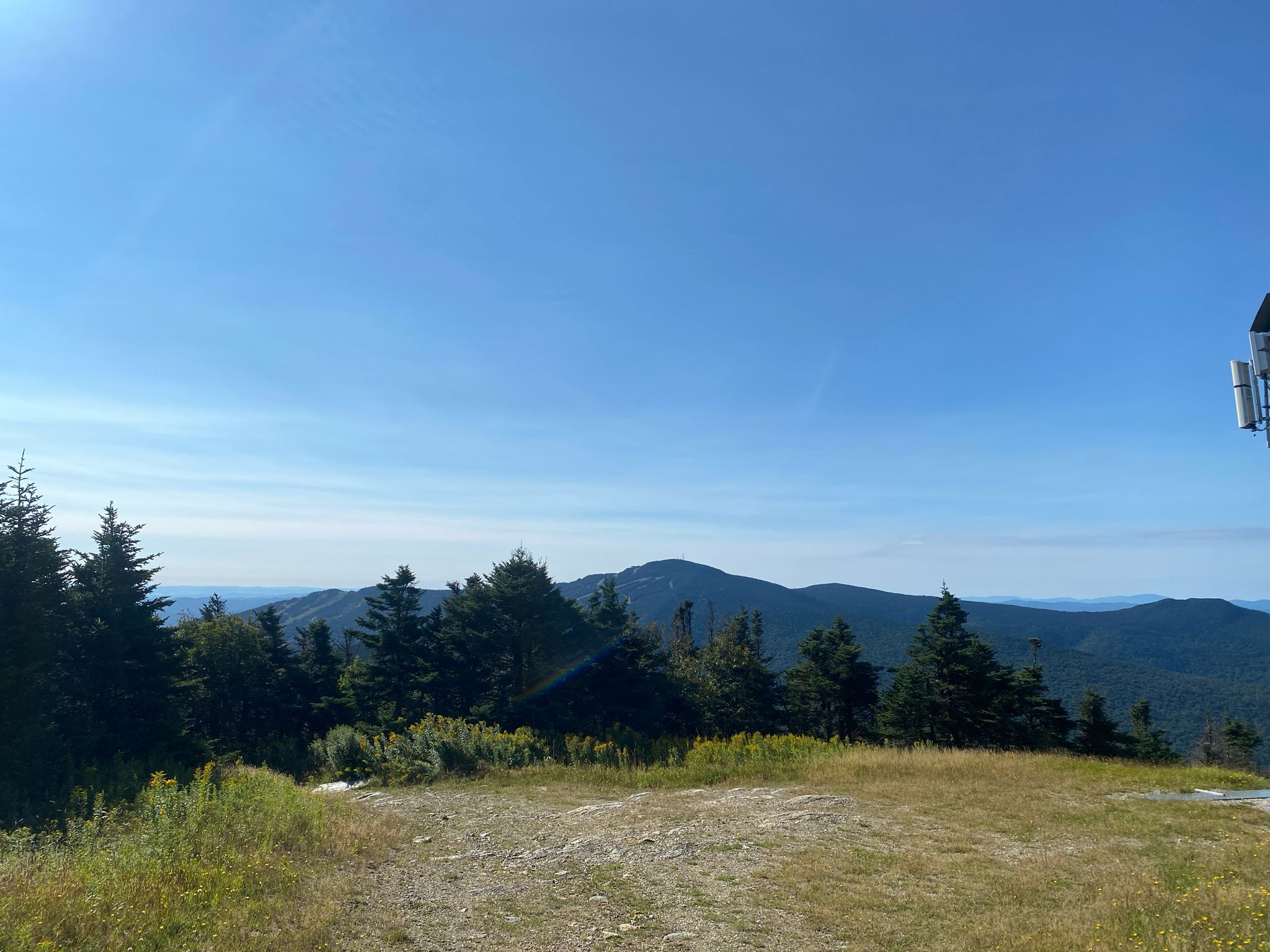 Panoramic view of distant mountains and evergreen trees under a bright blue sky. - Pico Peak via Sherburne Pass Trail
