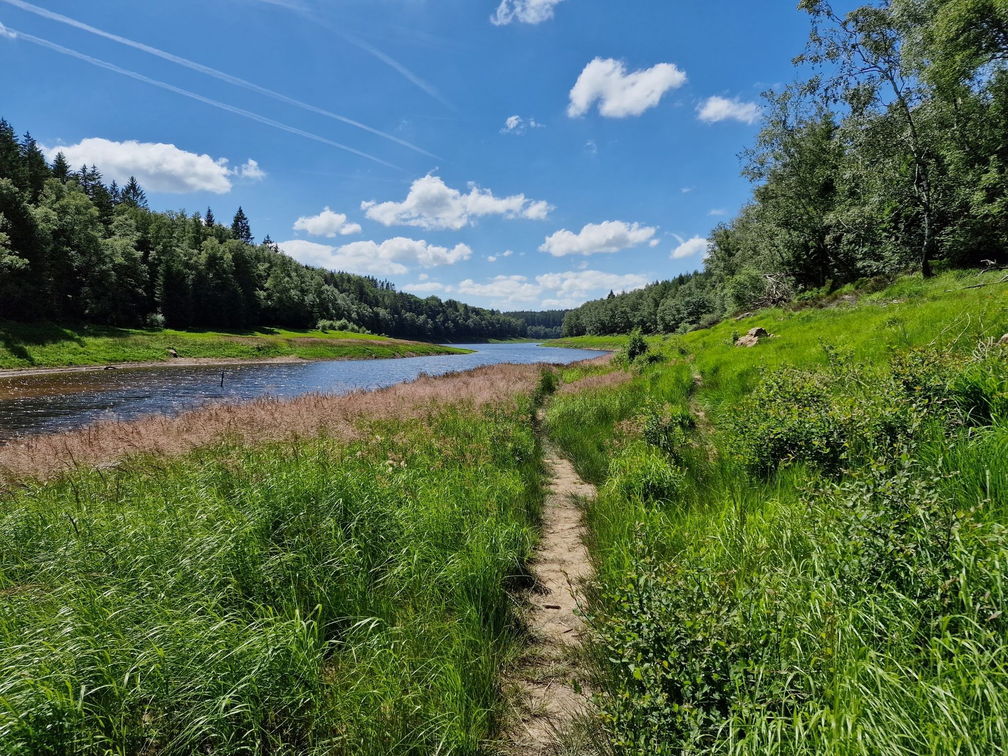 ... auf eine Graslandschaft direkt am Ufer der Talsperre.