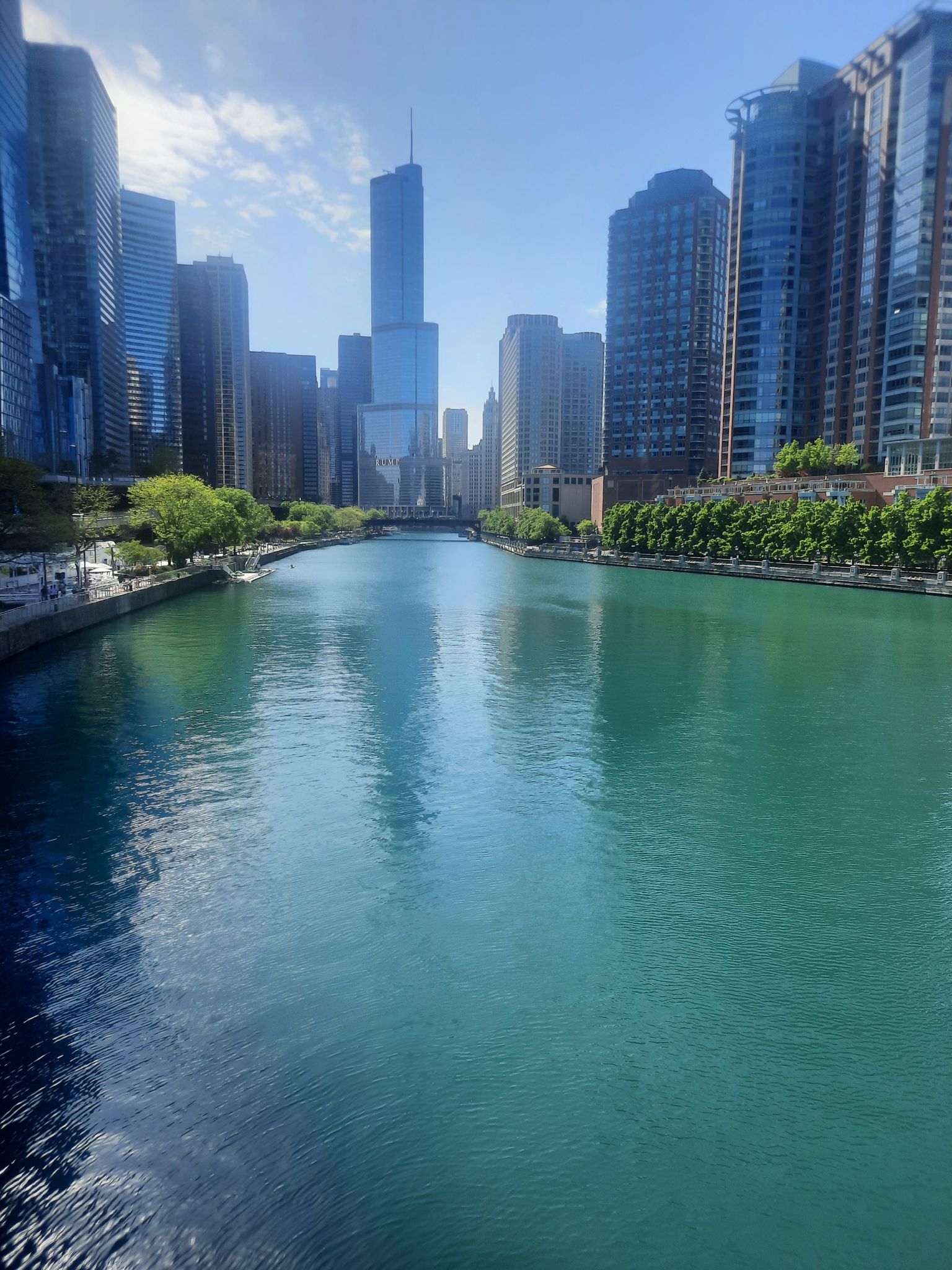 A wide river reflects a distant city skyline under a bright, clear sky. - Chicago Riverwalk