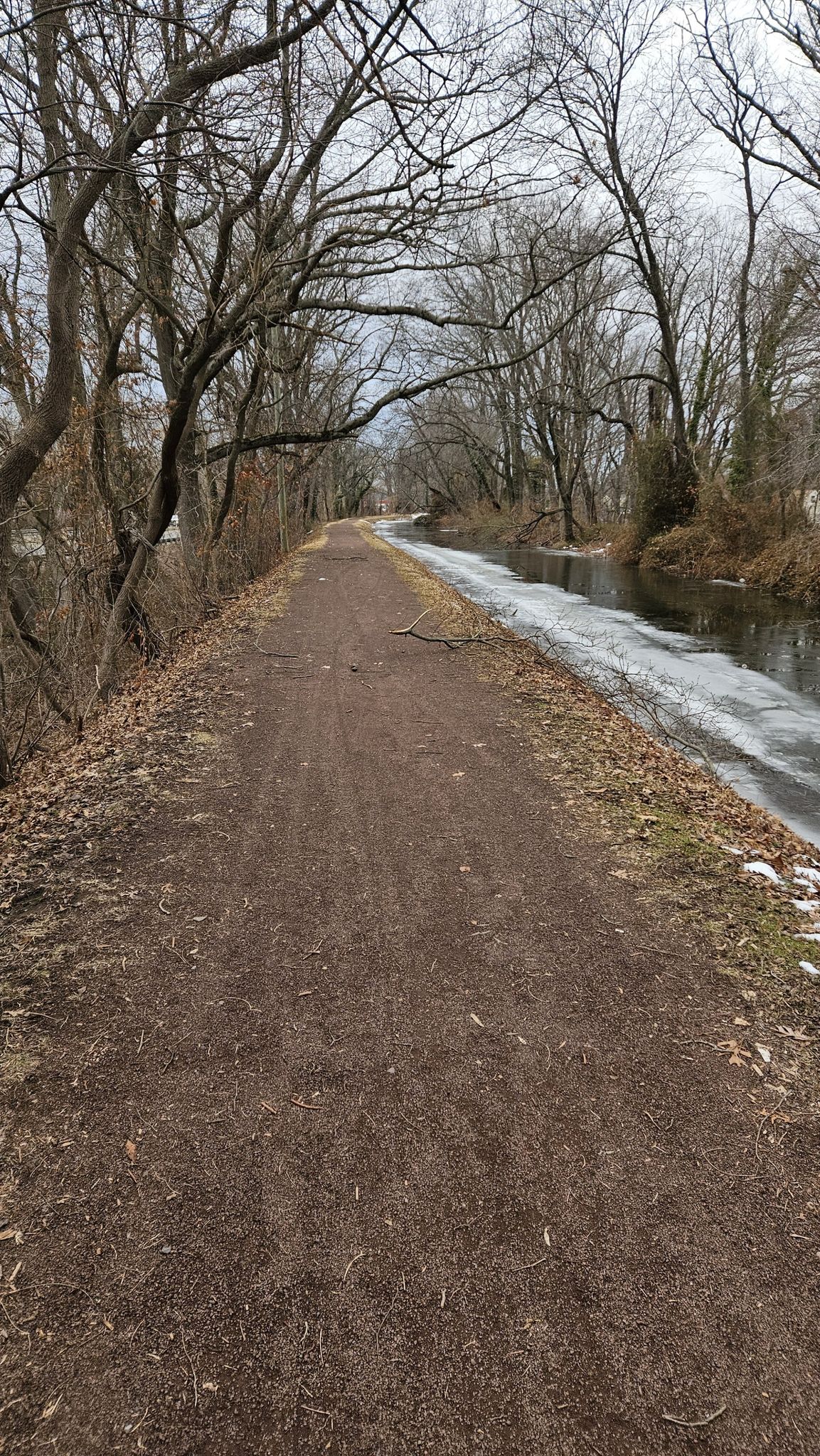 Brown dirt path beside a partially frozen canal with bare winter trees. - D&L Trail