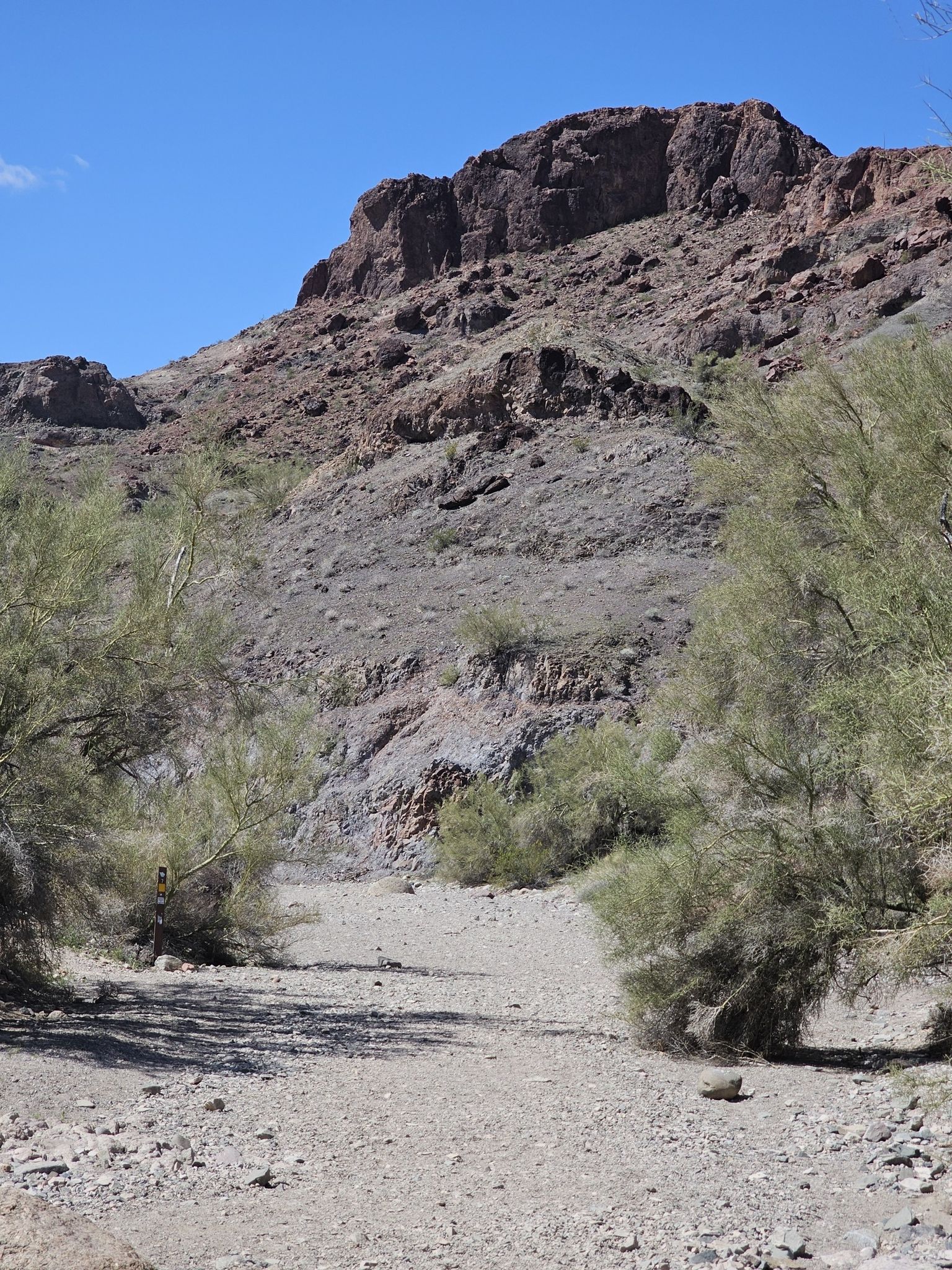 A dry desert wash leads to a large rocky mountain under a clear sky. - Pilot Rock Trail
