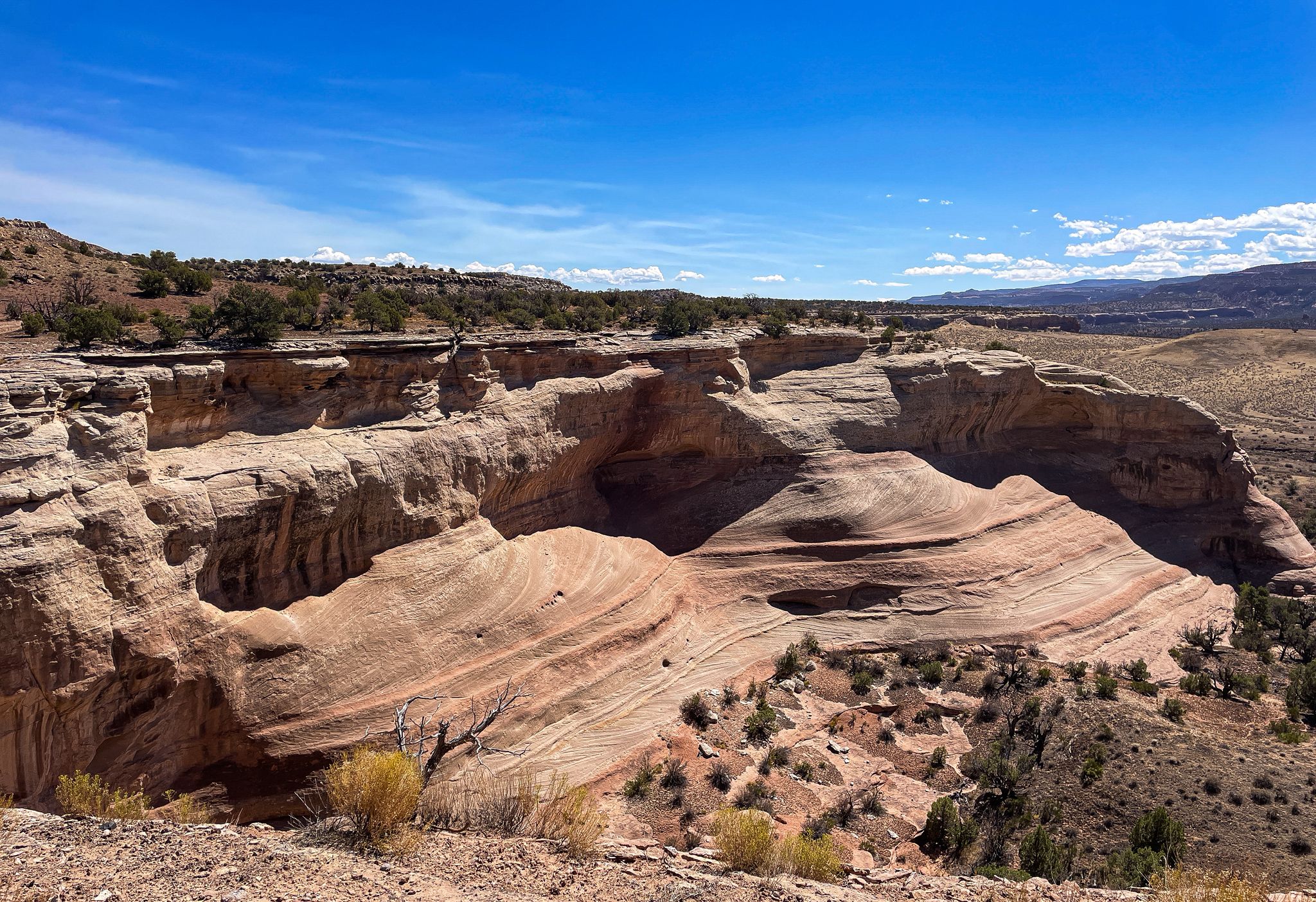 Expansive view of layered sandstone rock formations and canyons under a clear blue sky. - Mary's and Moore Fun Loop Trail