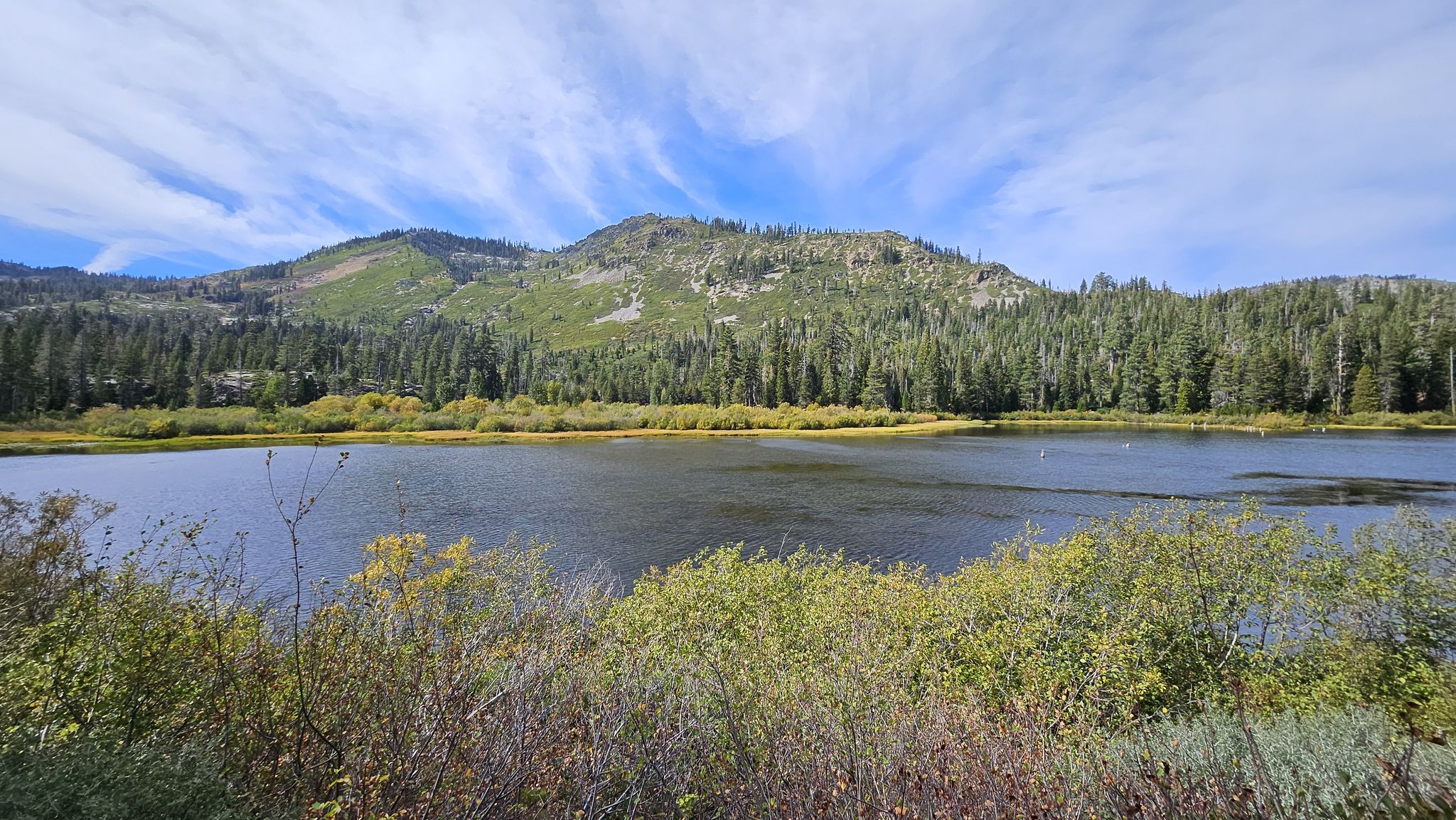 Calm lake reflecting cloudy sky, surrounded by green forested mountains. - Jamison Creek Trail