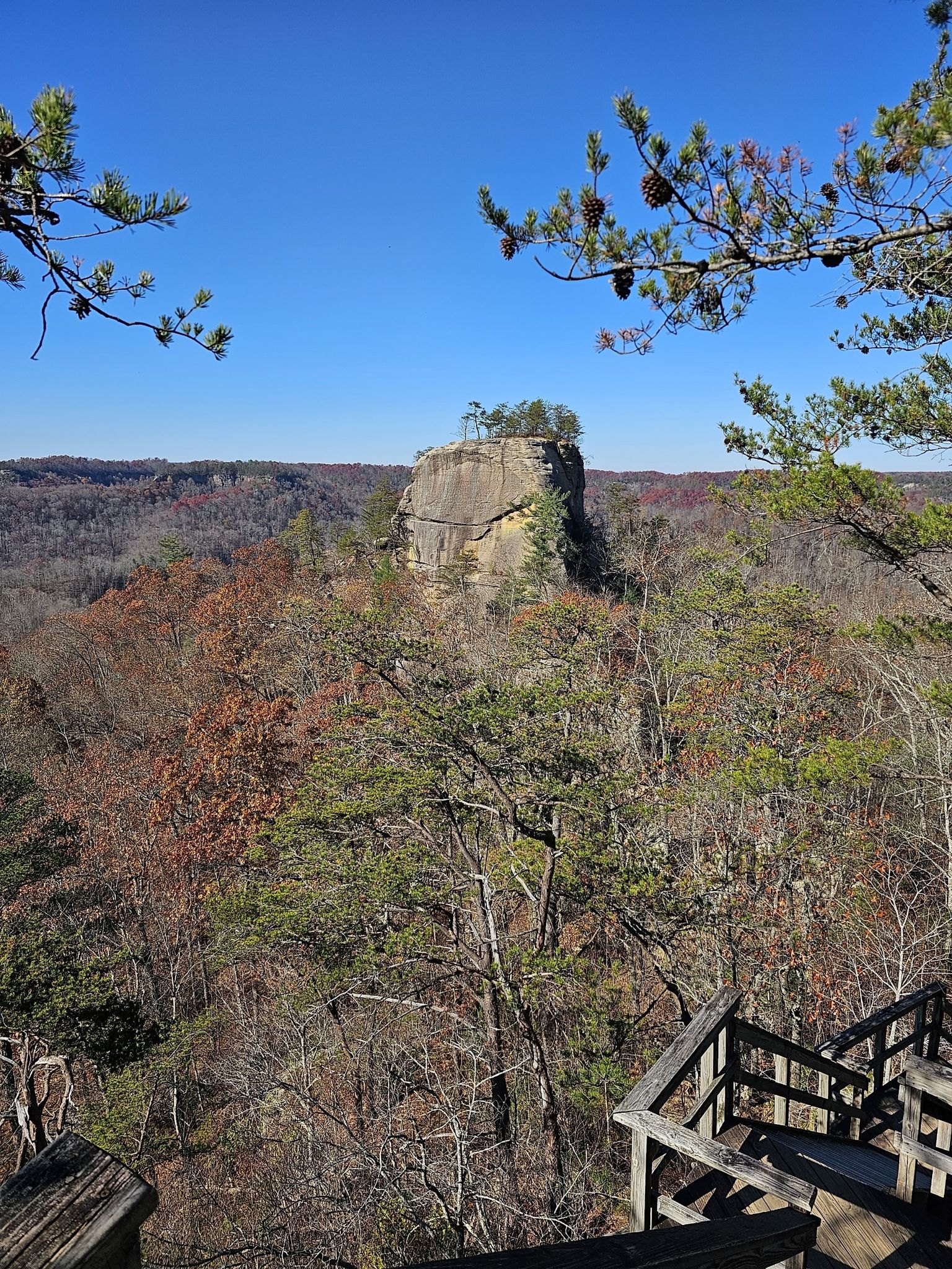 A towering rock formation rises above a vast autumn forest under a clear sky. - Auxier Ridge Trail to Courthouse Rock