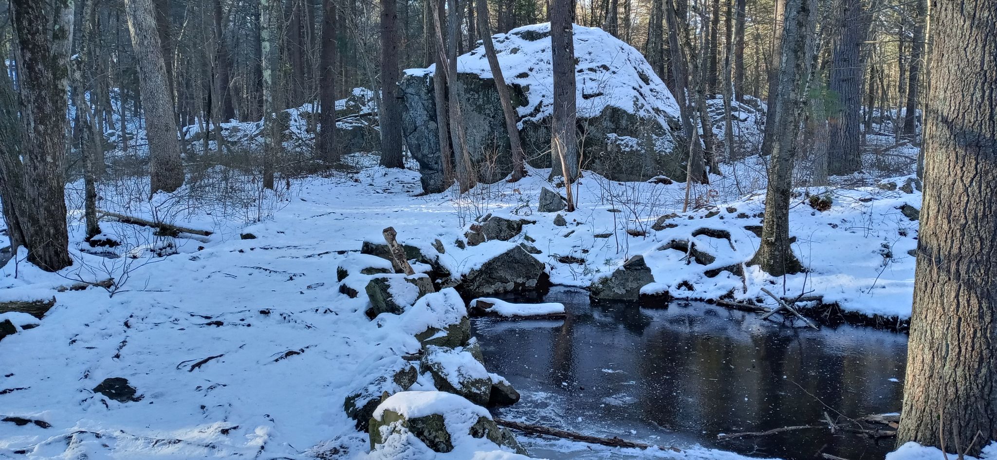 Snow-covered winter forest with a large boulder and partially frozen stream. - Wilson Mountain Reservation Trail loop