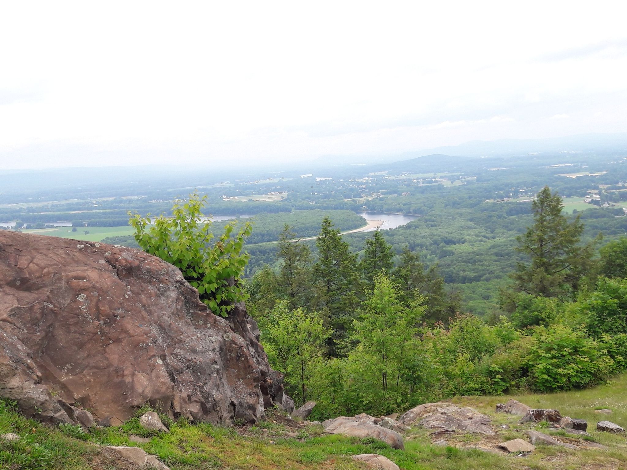 Overcast overlook of a distant river winding through green forests. - Scenic and rocky path loop from Connecticut River Greenway State Park