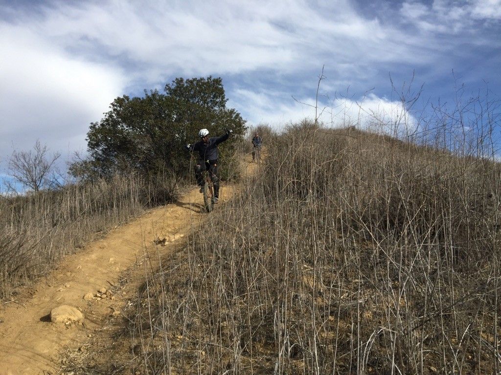 Mountain biker ascends a dirt trail on a dry, brushy hillside. - Talepop Loop