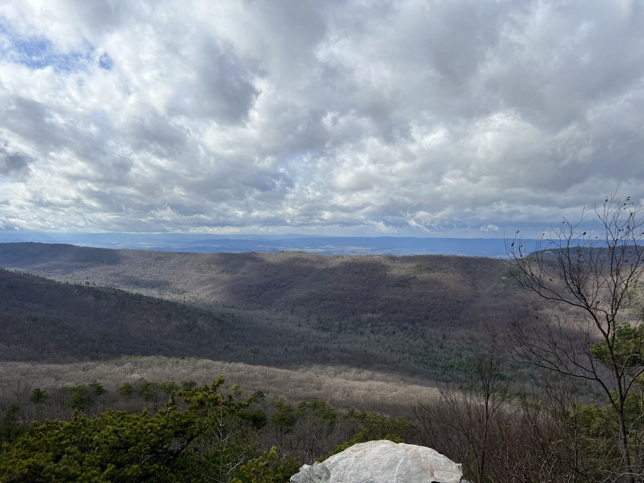 Expansive view of forested valleys and rolling hills under a cloudy sky. - Hiking loop from Peach Orchard Gap Parking