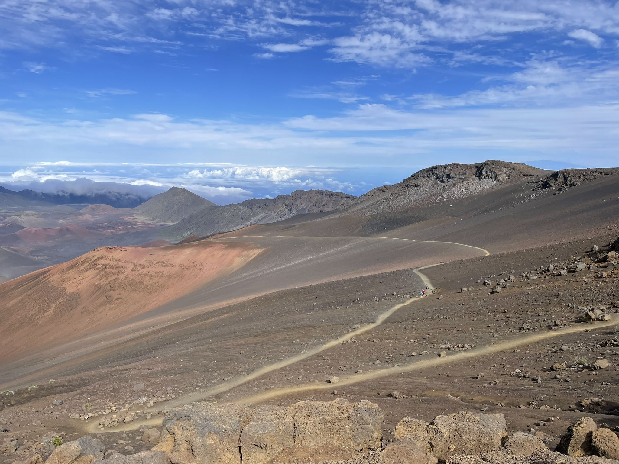 Winding dirt trail across a vast, rocky, and colorful mountain landscape under blue sky. - Haleakalā Visitor Center loop from Pan-STARRS