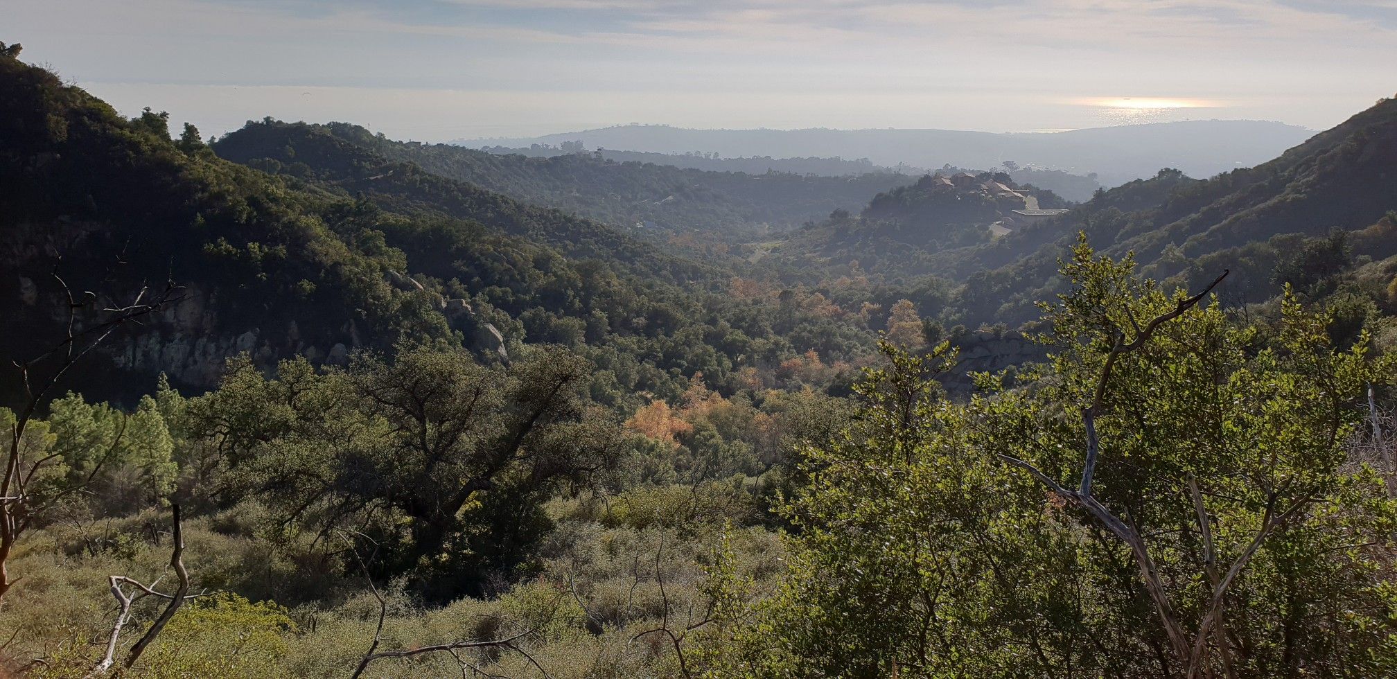 A wide mountain valley covered in green trees under a hazy sky. - Rattlesnake Canyon and Tunnel Trail
