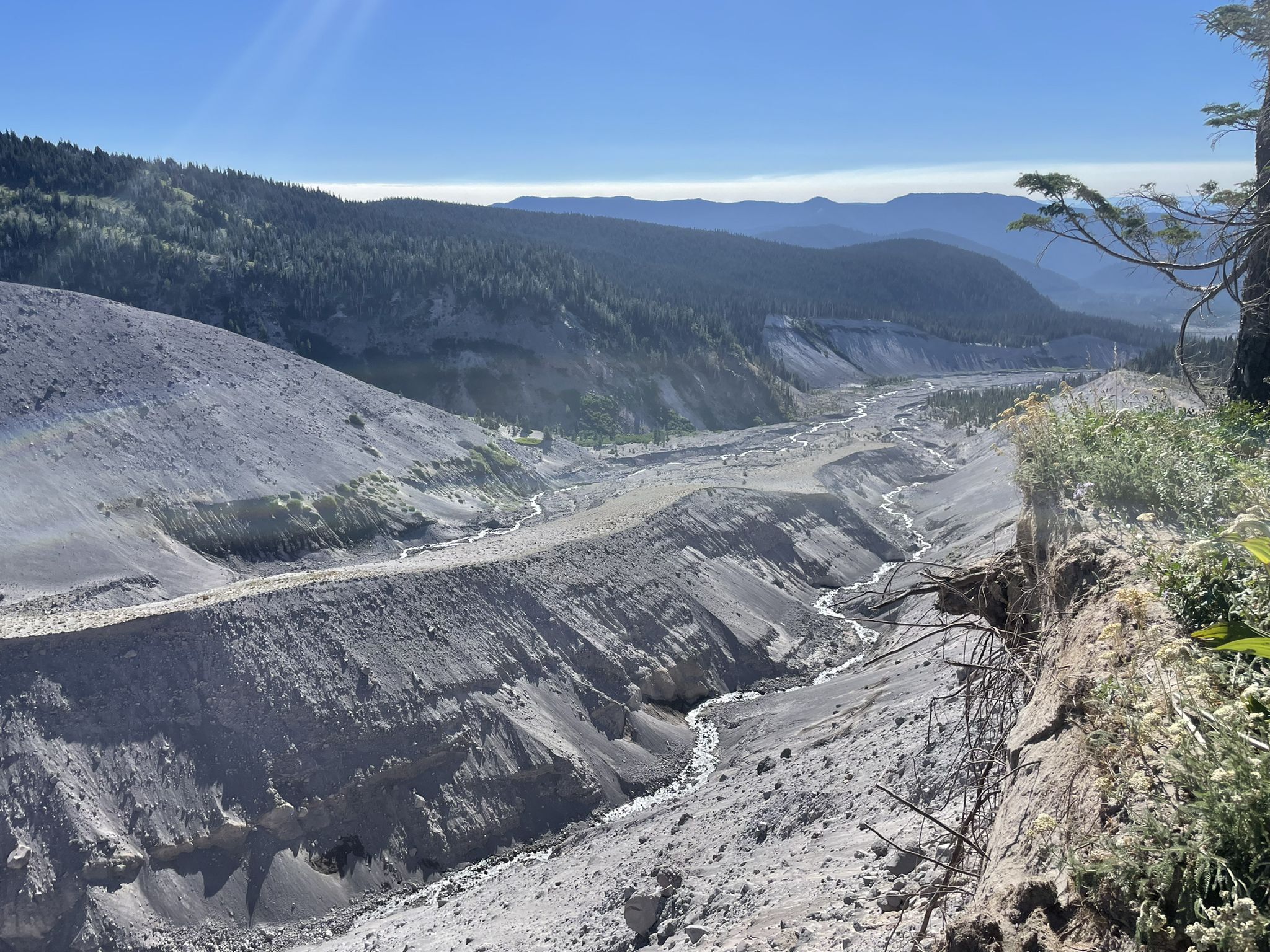 Wide, barren valley with a winding stream under a bright sky. - White River Canyon via PCT and Timberline Trail
