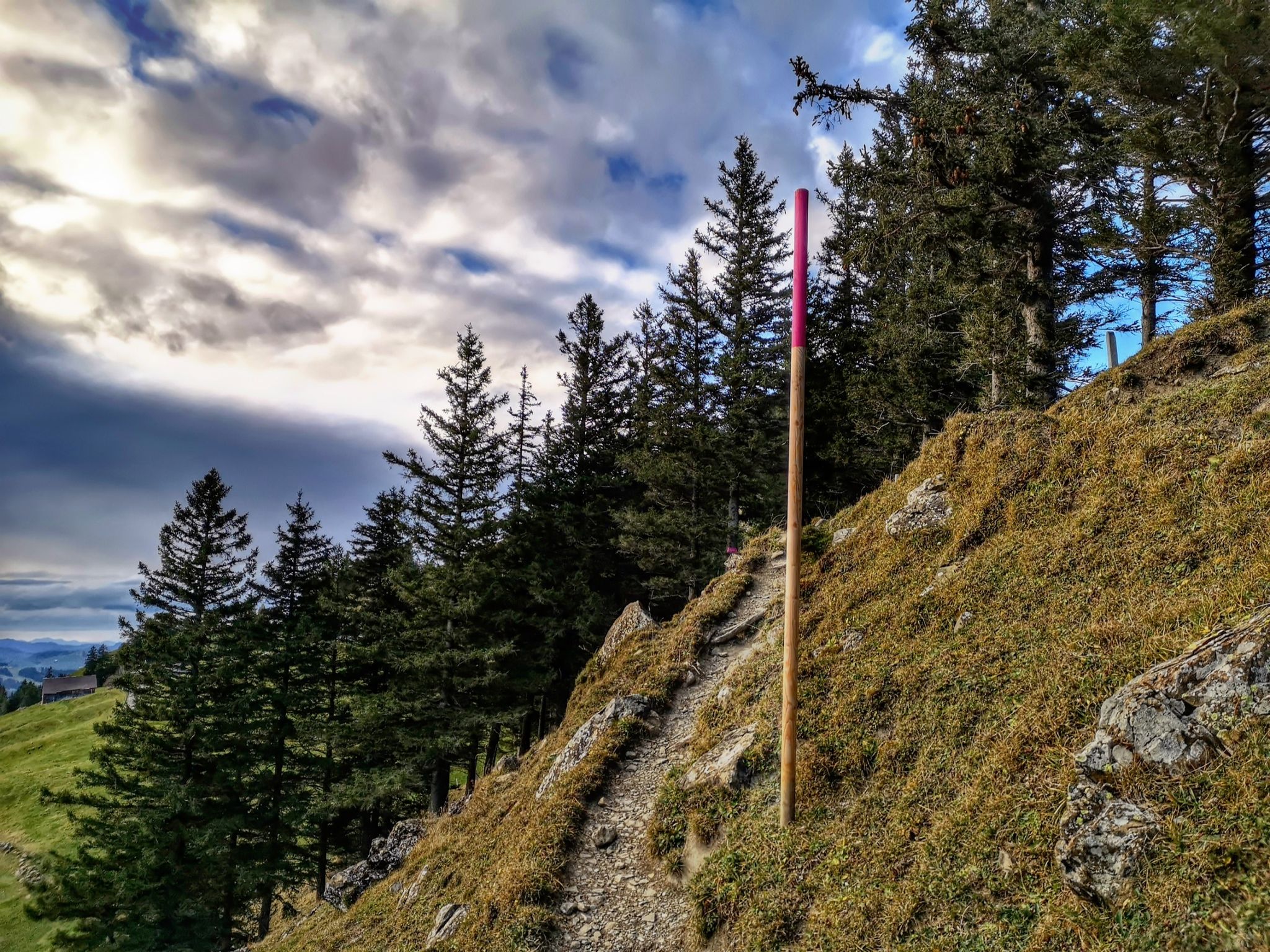 am Grat am Resspass, hier sind bereits die pinken Markierungen der Schneeschuhroute montiert