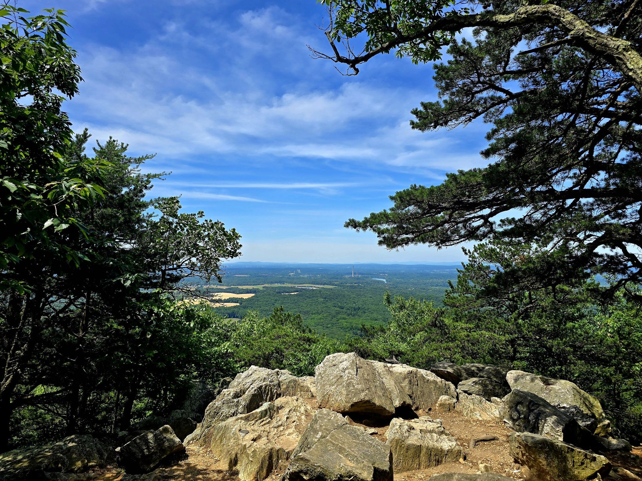 Overlook from rocky outcrop, lush green forest, and distant horizon under blue sky. - Mountain Loop Trail