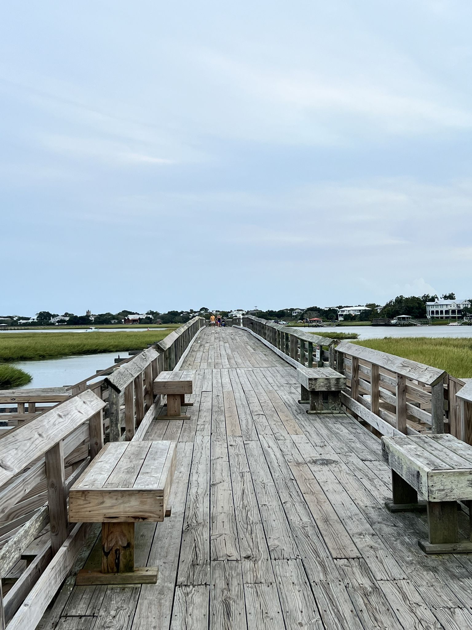 Long wooden pier with benches extending over water towards distant buildings. - Pitt Street Bridge