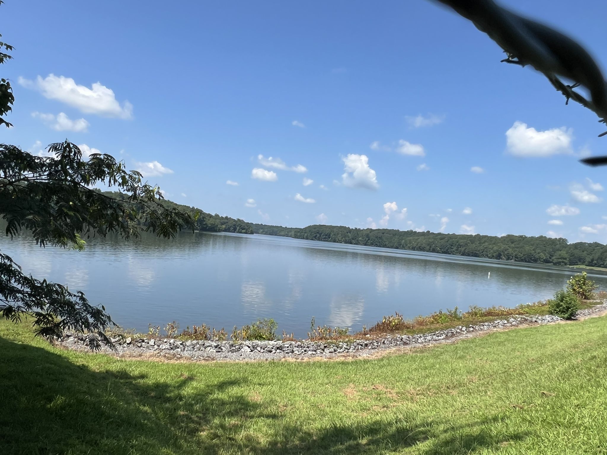 Expansive lake under a bright blue sky, with distant trees and green foreground. - Downtown Greensboro to Lake Hunt loop
