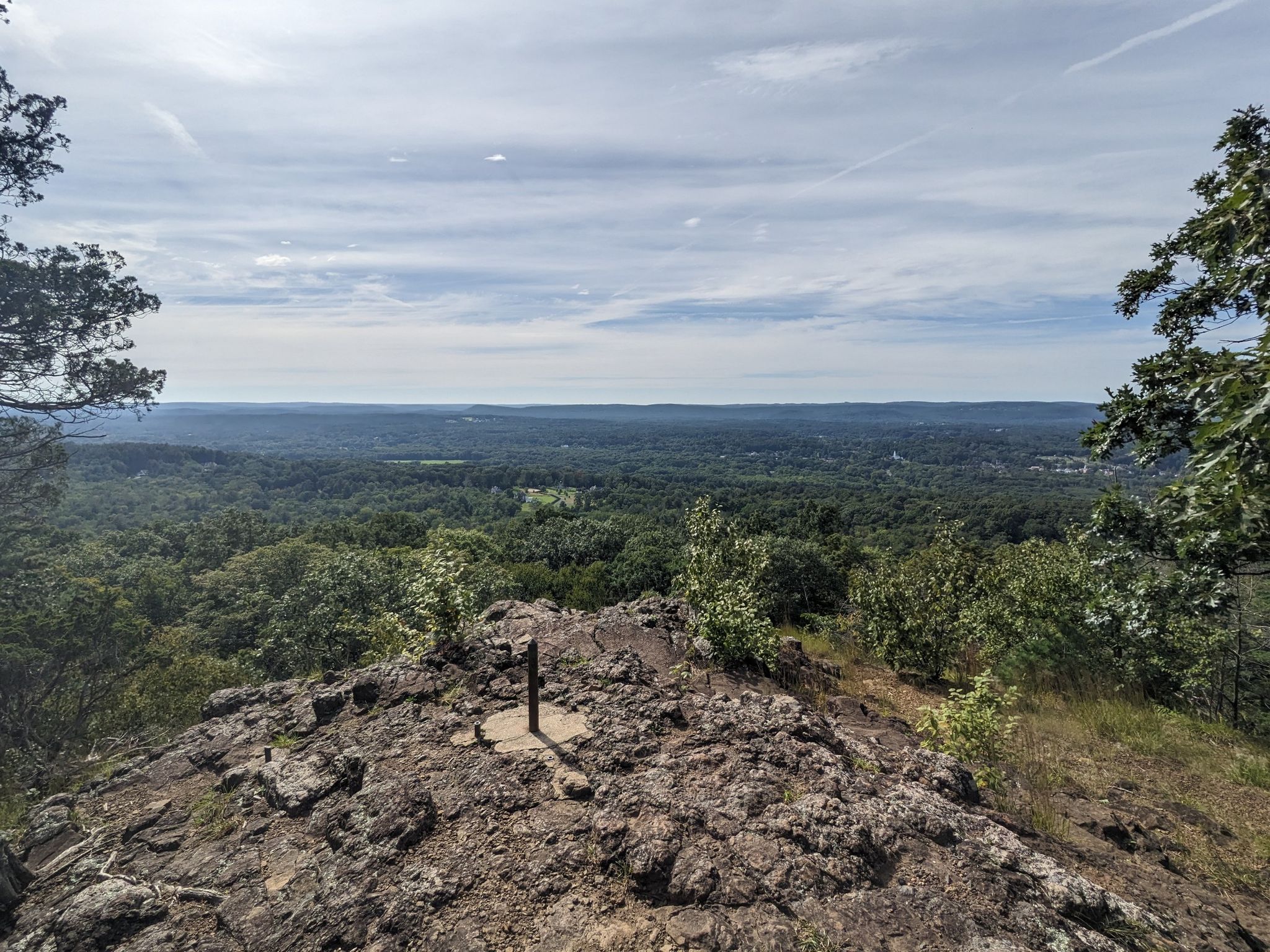 Rocky summit with a small marker, overlooking a vast green forest. - Metacomet and Yellow Trail Loop