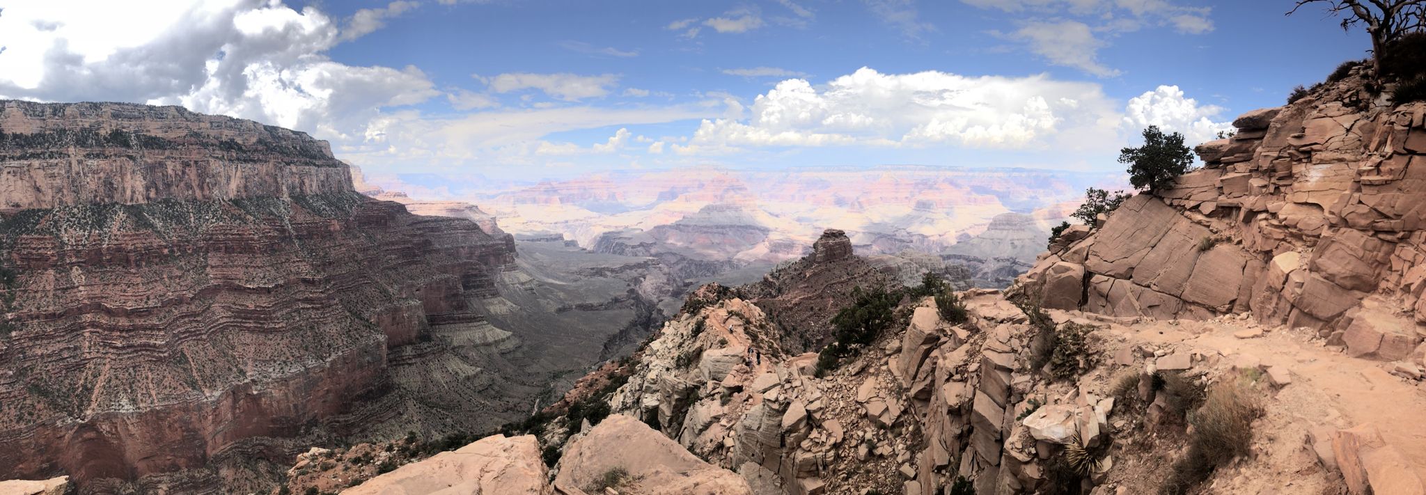 Panoramic view of a vast, layered canyon under a partly cloudy sky. - Ooh-Aah-Point & Cedar Ridge from South Kaibab Trailhead – Grand Canyon National Park